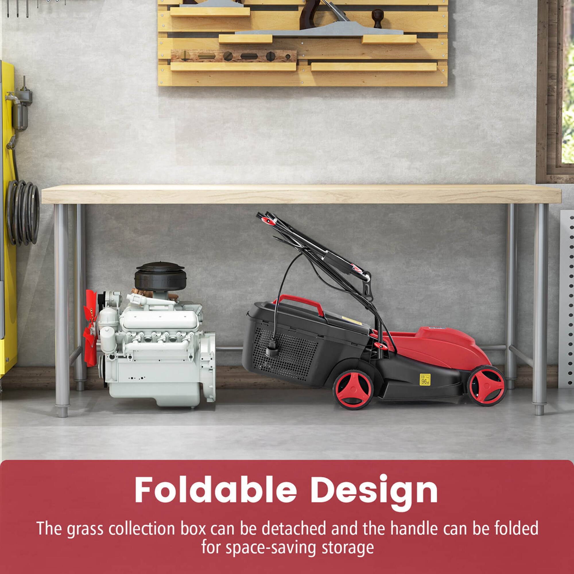 The grass collection box has a foldable design, allowing it to be detached and the handle to be folded for efficient space-saving storage.