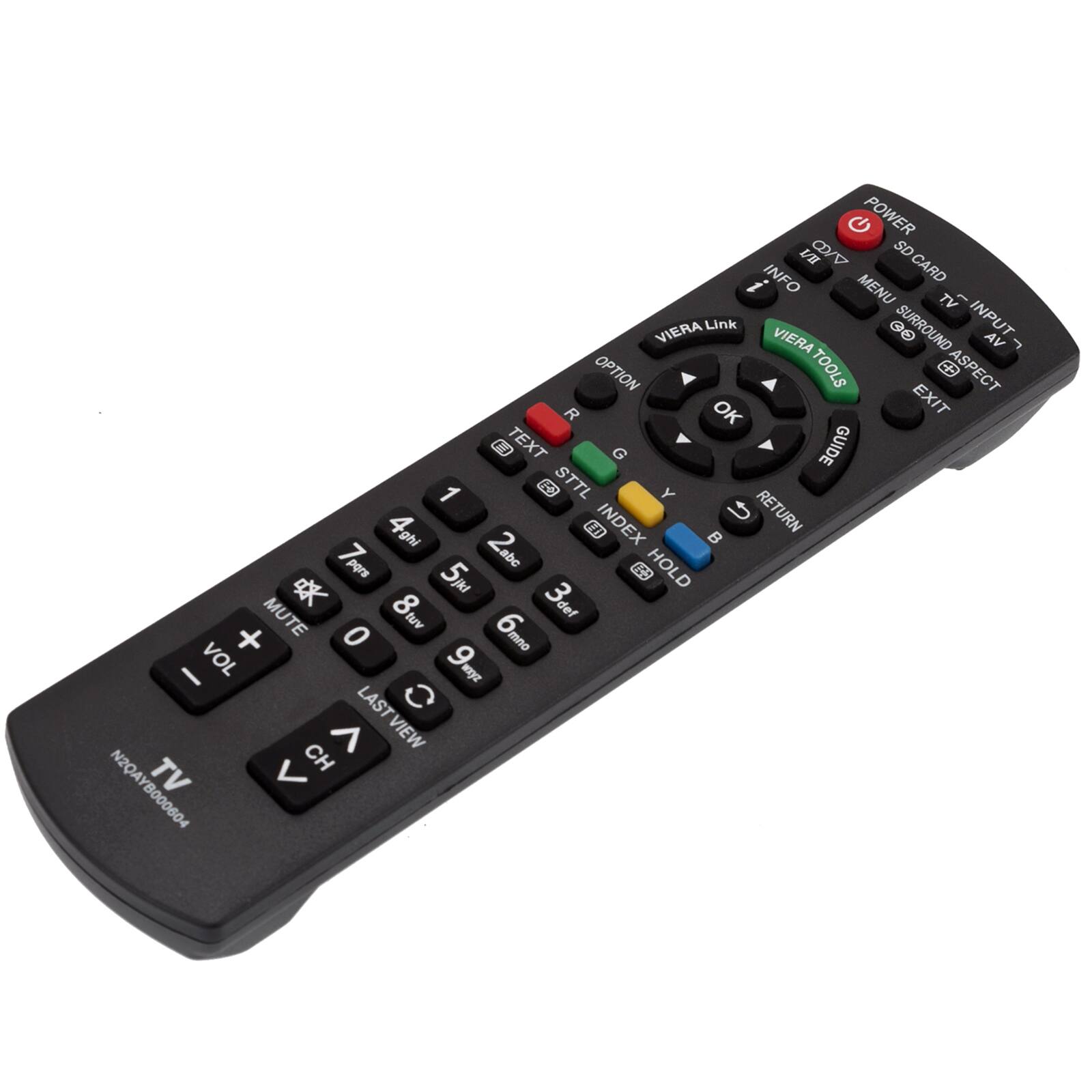 Sure, here is the corrected and grouped text from the image:

**Top Section:**
- POWER
- SD CARD
- INFO
- MENU
- TV
- INPUT
- VIERA Link
- VIERA TOOLS
- SURROUND
- ASPECT
- OPTION
- OK
- EXIT
- TEXT
- GUIDE
- HOLD
- RETURN
- INDEX
- LAST VIEW
- LAST VIEW
- CH
- VOL
- MUTE
- 1
- 2
- 3
- 4
- 5
- 6
- 7
- 8
- 9
- 0
- * (Star)
- # (Hash)
- TV

**Bottom Section:**
- TV
- NQAYB00004