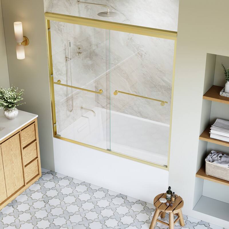 Back. WELLFOR - 56-60 in. W x 60 in. H Framed Sliding Shower Door with 1/4 in. Clear Tempered Safety Glass,Reversible - Brushed Gold.