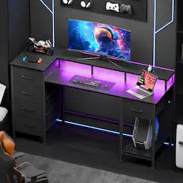 Furnulem - Computer Desk with LED Lights and Power Outlet 5 Fabric Drawers Monitor Stand Gaming Desk for Home Office - Carbon Fiber Black