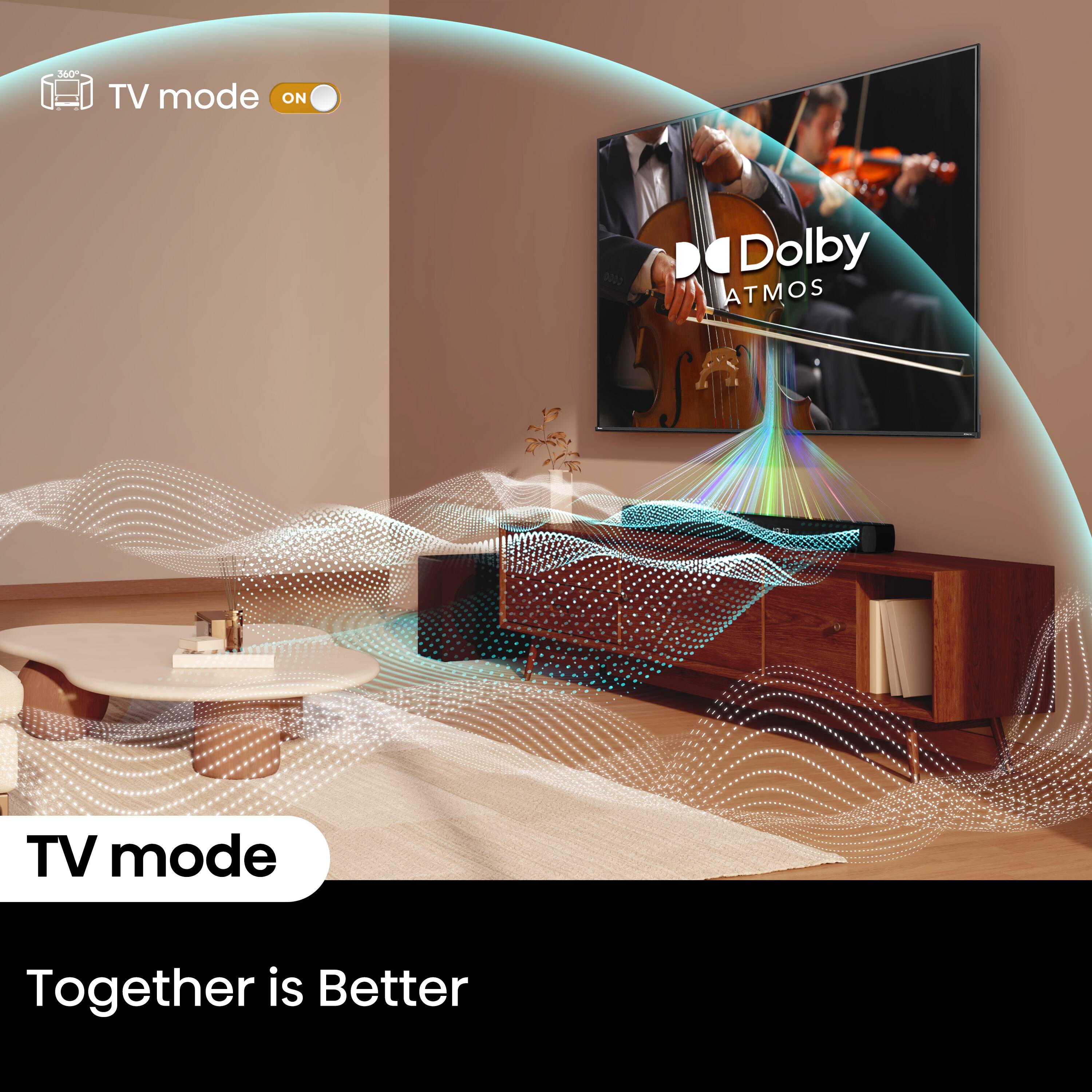 The text on the image is grouped as follows:

1. "360 TV mode ON"
2. "Dolby ATMOS TV mode Together is Better"