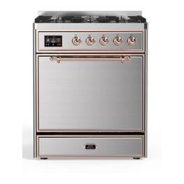 ILVE - Majestic II Series 30 in. Dual Fuel Range with 5 Sealed Burners (Natural Gas, Copper Trim) - Stainless Steel