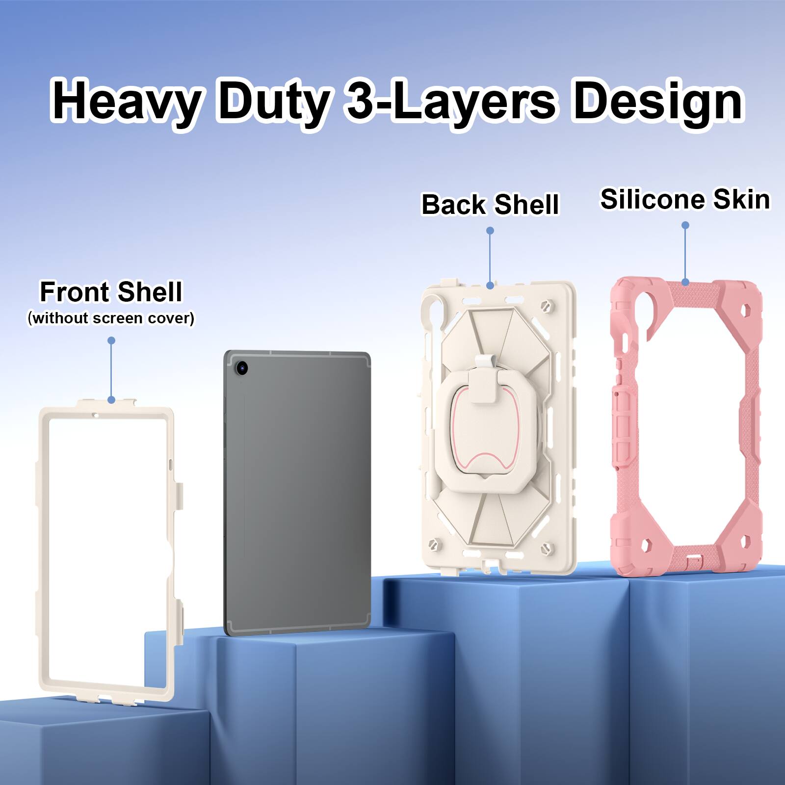 Heavy Duty 3-Layers Design  
Back Shell  
Silicone Skin  
Front Shell (without screen cover)