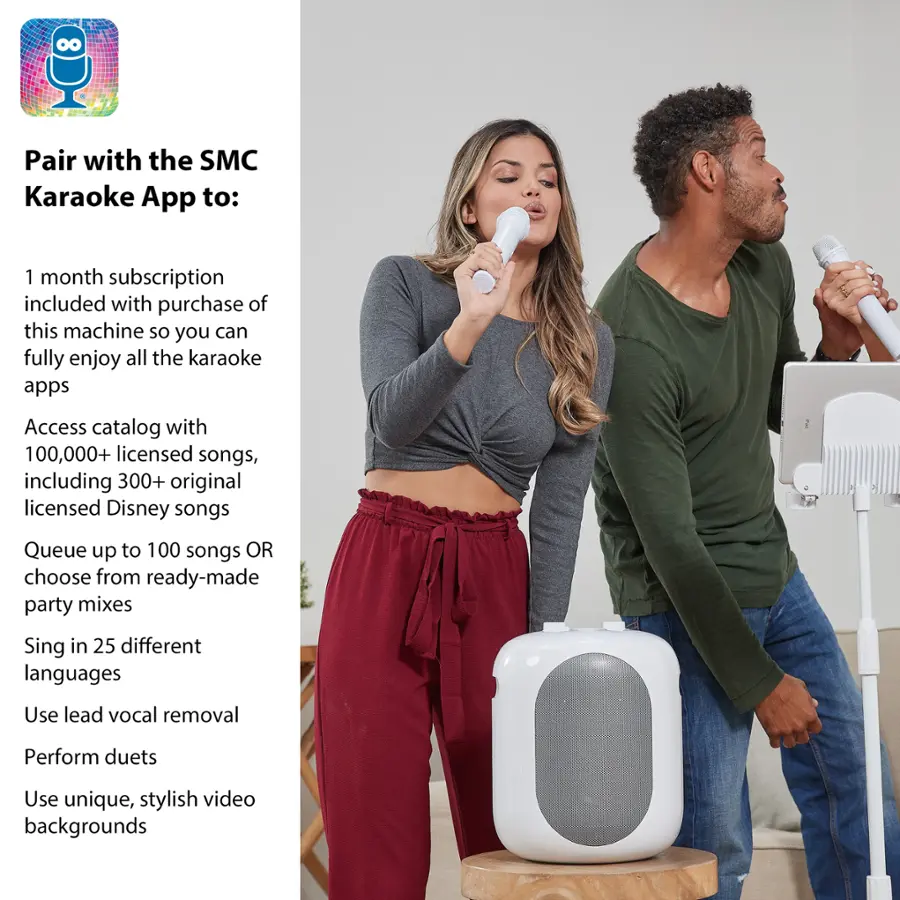 Pair with the SMC Karaoke App to: 1 month subscription included with purchase of this machine so you can fully enjoy all the karaoke apps. Access catalog with 100,000+ licensed songs, including 300+ original licensed Disney songs. Queue up to 100 songs OR choose from ready-made party mixes. Sing in 25 different languages. Use lead vocal removal. Perform duets. Use unique, stylish video backgrounds.