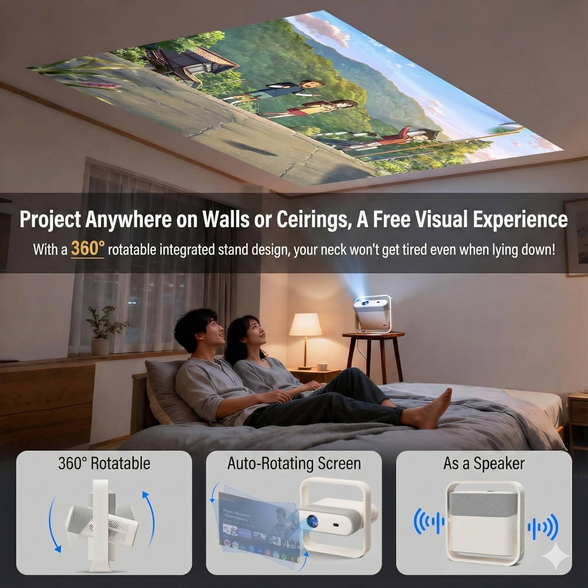 Project Anywhere on Walls or Ceilings, A Free Visual Experience

With a 360° rotatable integrated stand design, your neck won't get tired even when lying down!

360° Rotatable

Auto-Rotating Screen

As a Speaker