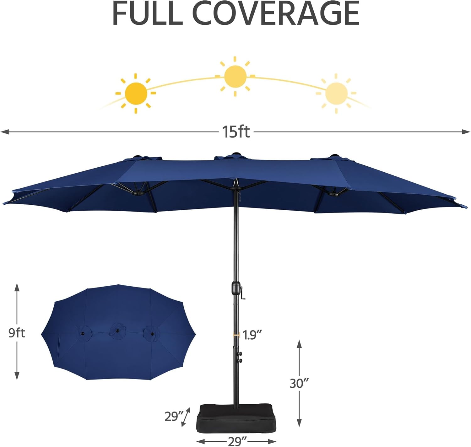 FULL COVERAGE  
15ft 9ft 1.9" 30" 29" 29"