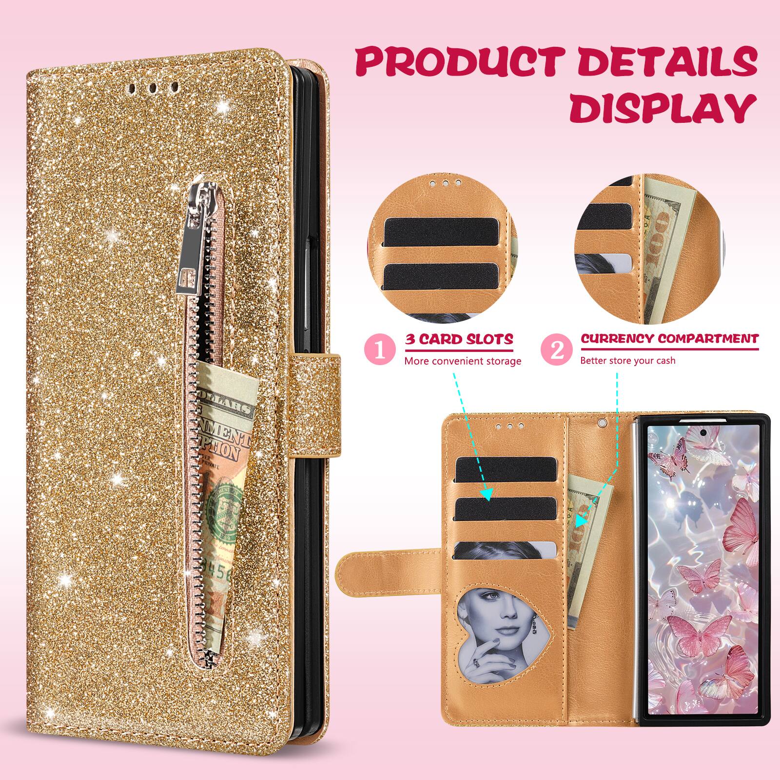 PRODUCT DETAILS DISPLAY

1. 3 CARD SLOTS
   More convenient storage

2. CURRENCY COMPARTMENT
   Better store your cash