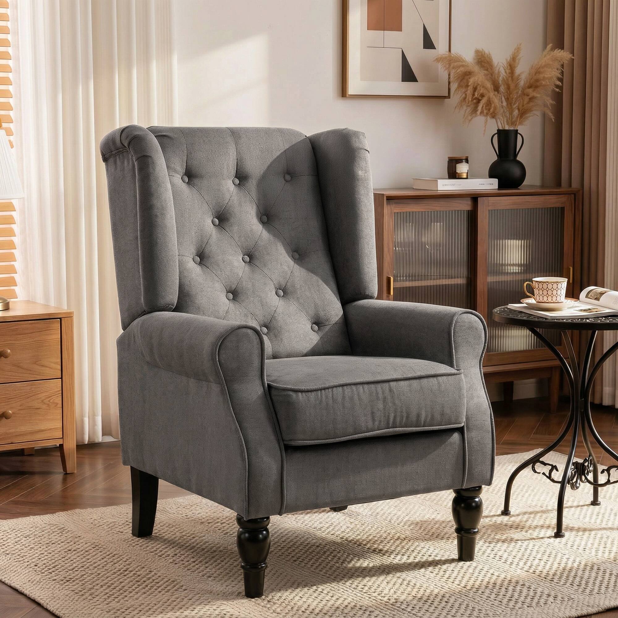 Alt View 1. Homcom - Accent Chair for Living Room, Button-Tufted Lounge Chair with Round Armrests and Wood Legs - Dark Gray.