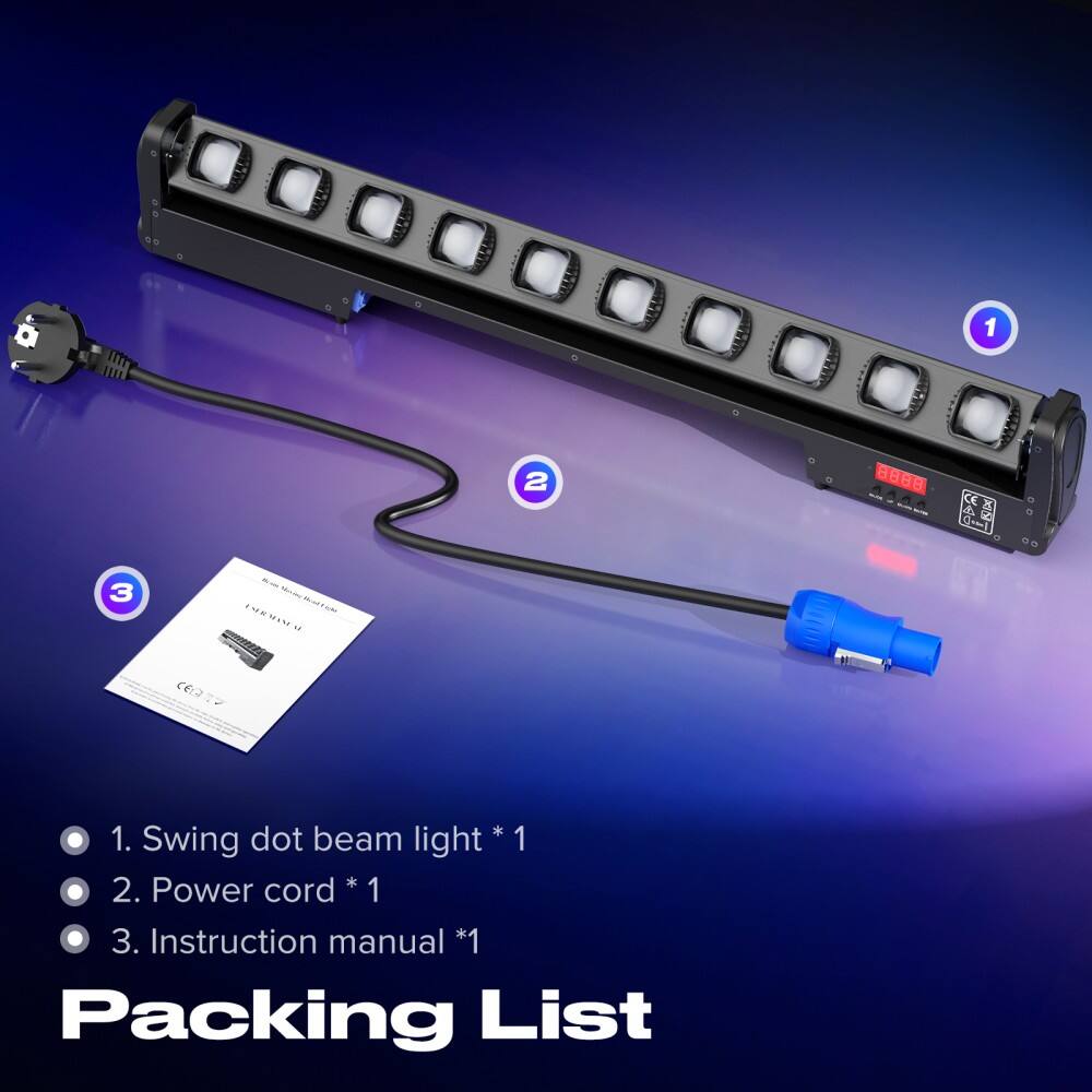 1. Swing dot beam light * 1  
2. Power cord * 1  
3. Instruction manual * 1  

Packing List