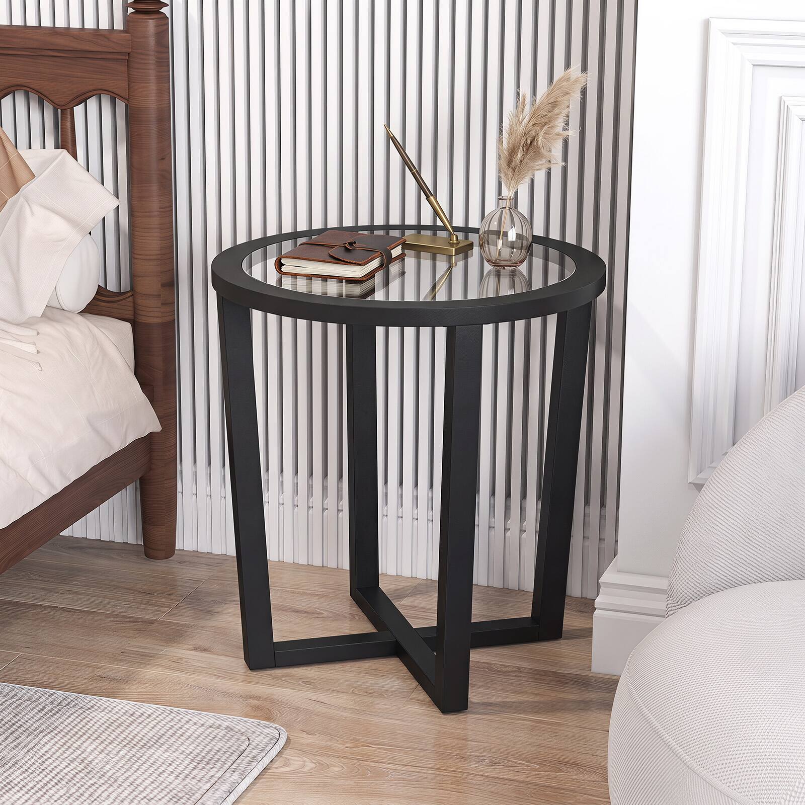 Alt View 3. Gymax - Gymax Modern Round End Table w/ Transparent Tempered Glass Top  Solid Acacia Wood Legs Black - Black.