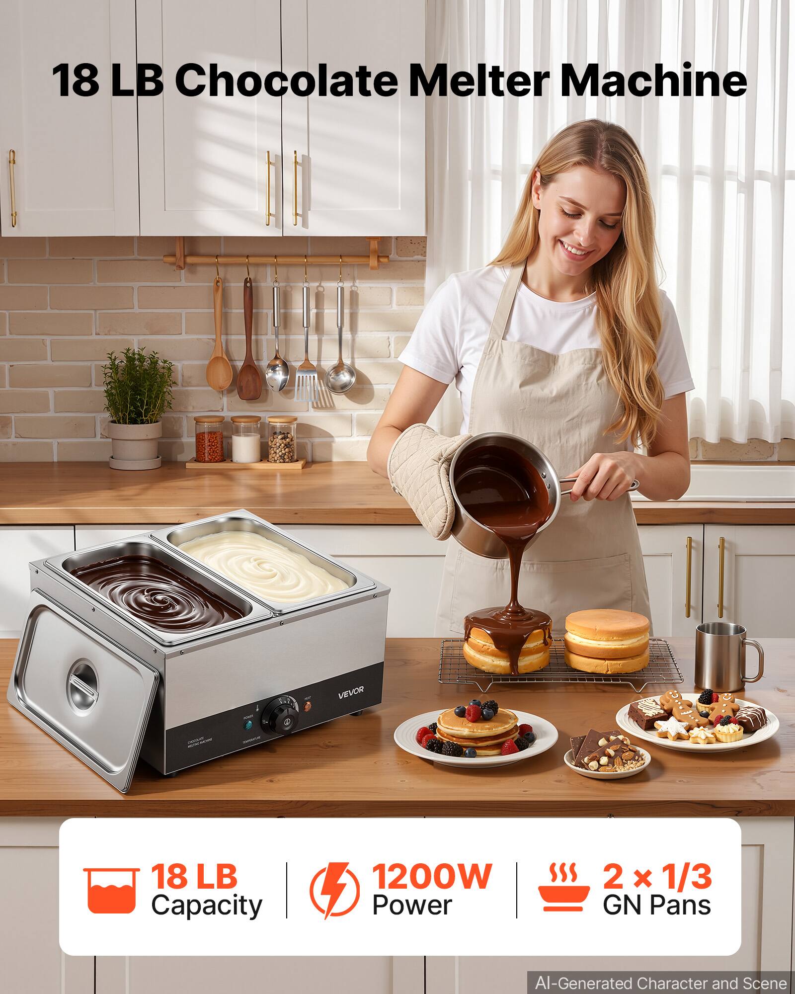 18 LB Chocolate Melter Machine

VEVOR

18 LB Capacity

1200W Power

2 x 1/3 GN Pans

AI-Generated Character and Scene
