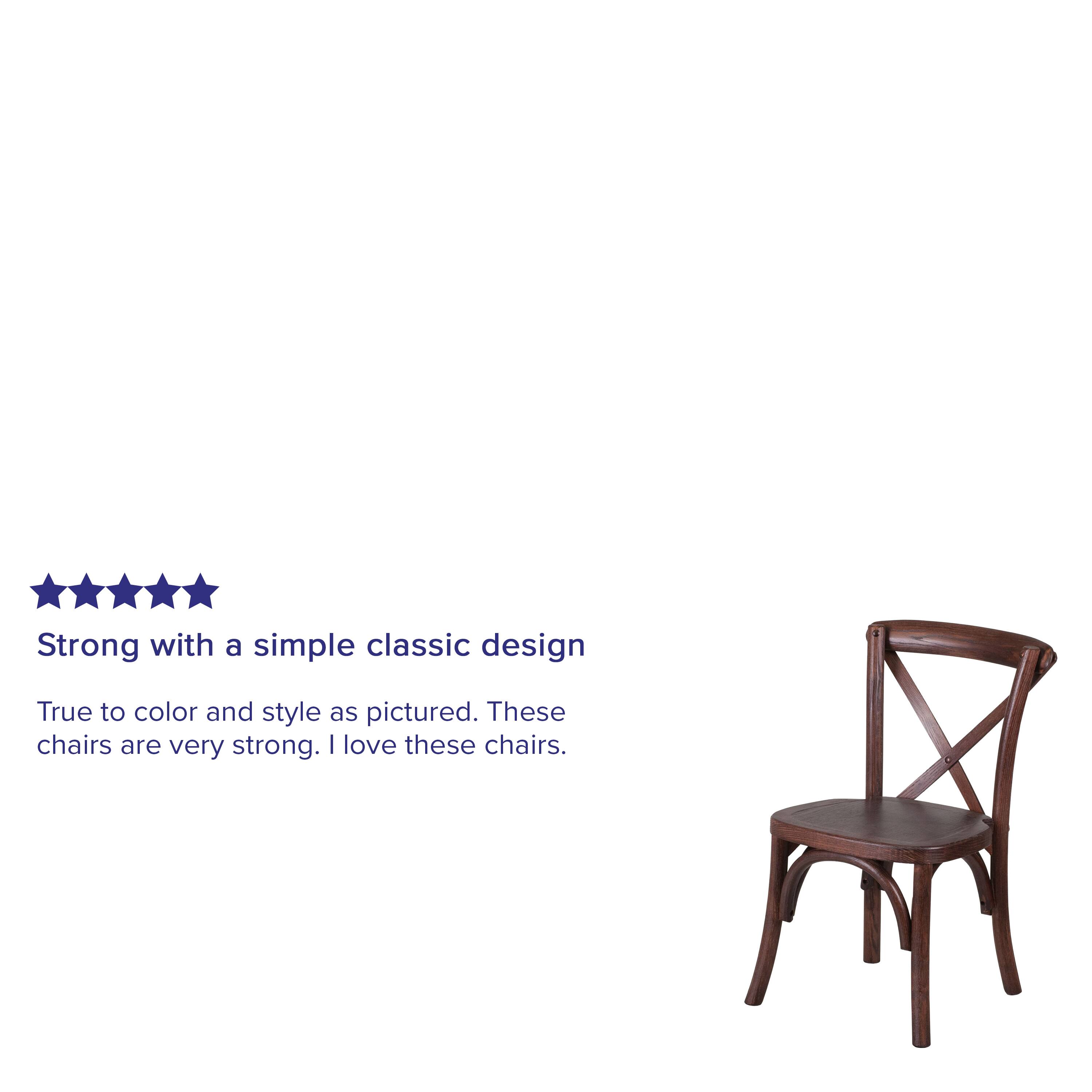 Strong with a simple classic design  
True to color and style as pictured. These chairs are very strong. I love these chairs.
