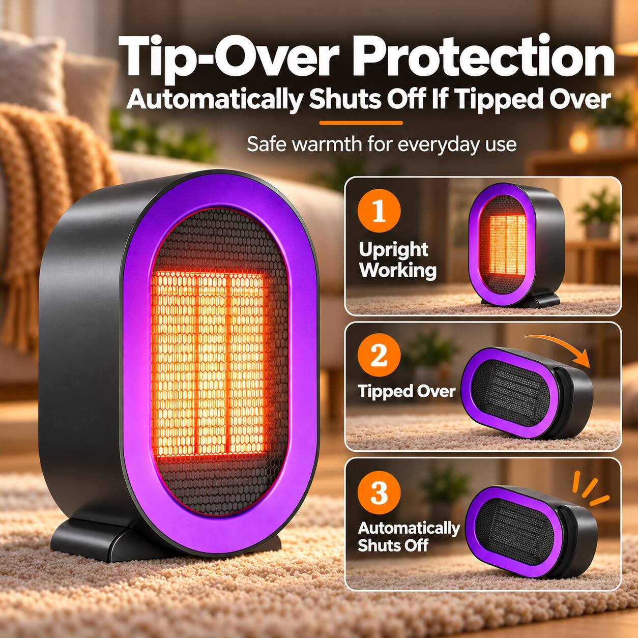 Tip-Over Protection  
Automatically Shuts Off If Tipped Over  
Safe warmth for everyday use

1. Upright Working  
2. Tipped Over  
3. Automatically Shuts Off