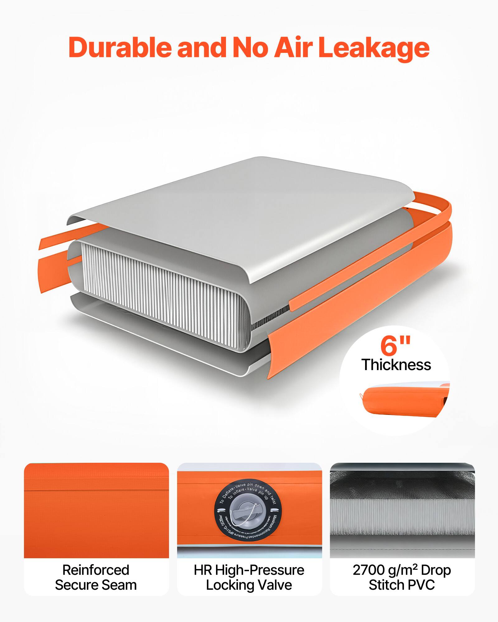 Durable and No Air Leakage

6" Thickness

Reinforced Secure Seam

HR High-Pressure Locking Valve

2700 g/m² Drop Stitch PVC