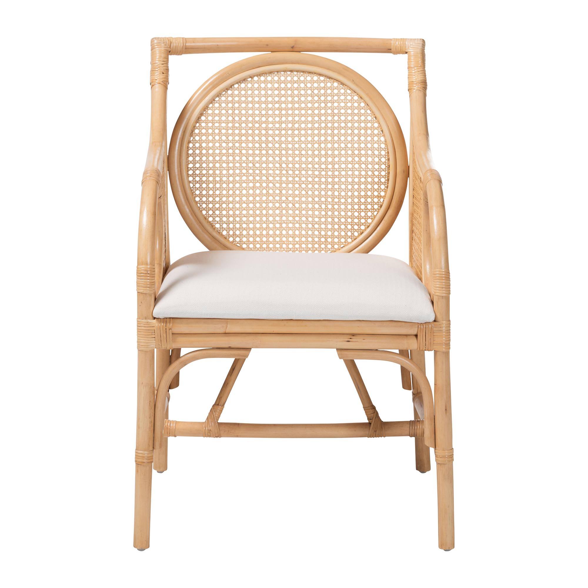 Angle. bali & pari - Matt Natural Rattan Armchair with Upholstered Seat - Natural Rattan/White.