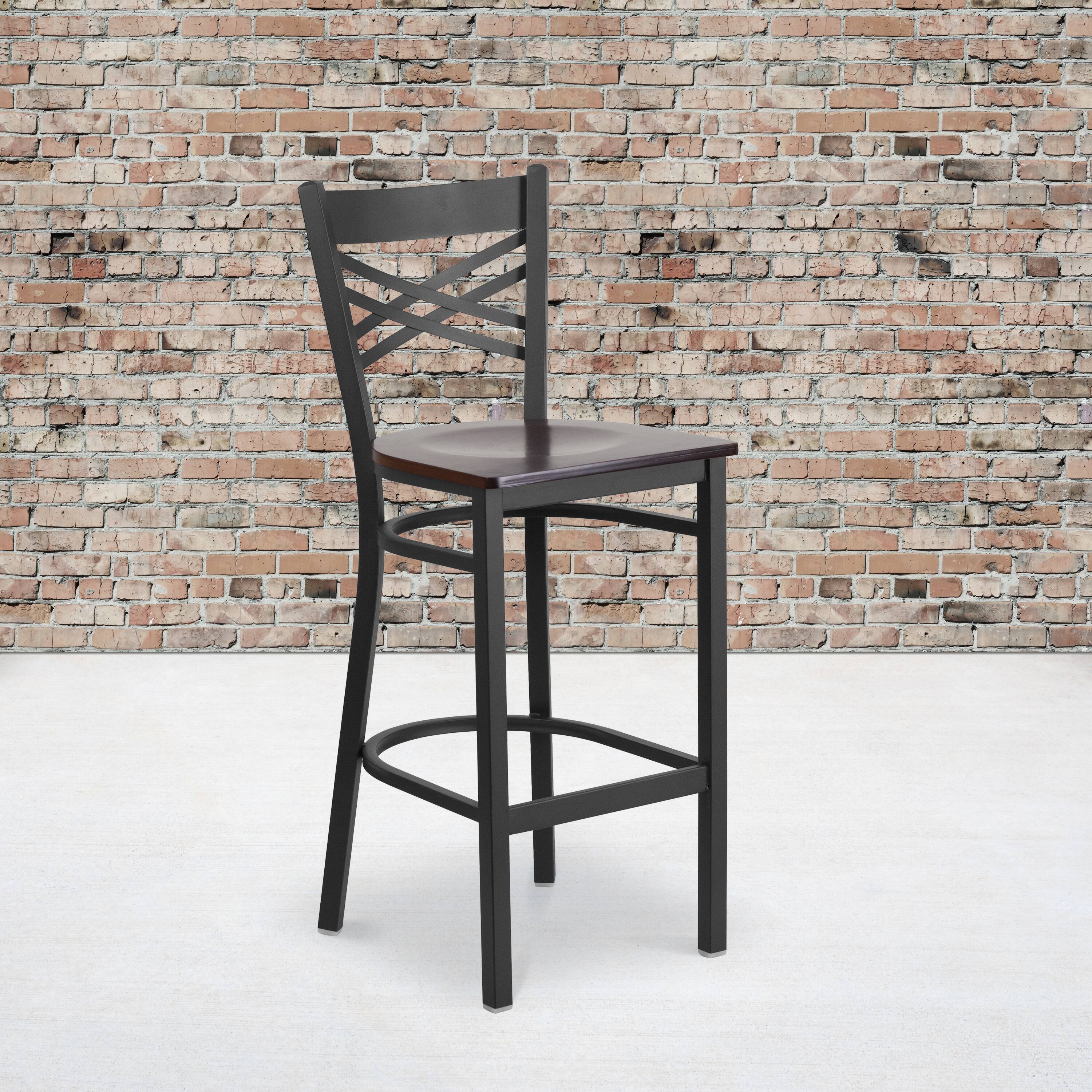 Alt View 2. Emma + Oliver - 2 Pack "X" Back Metal Restaurant Barstool - Walnut Wood Seat/Black Metal Frame.