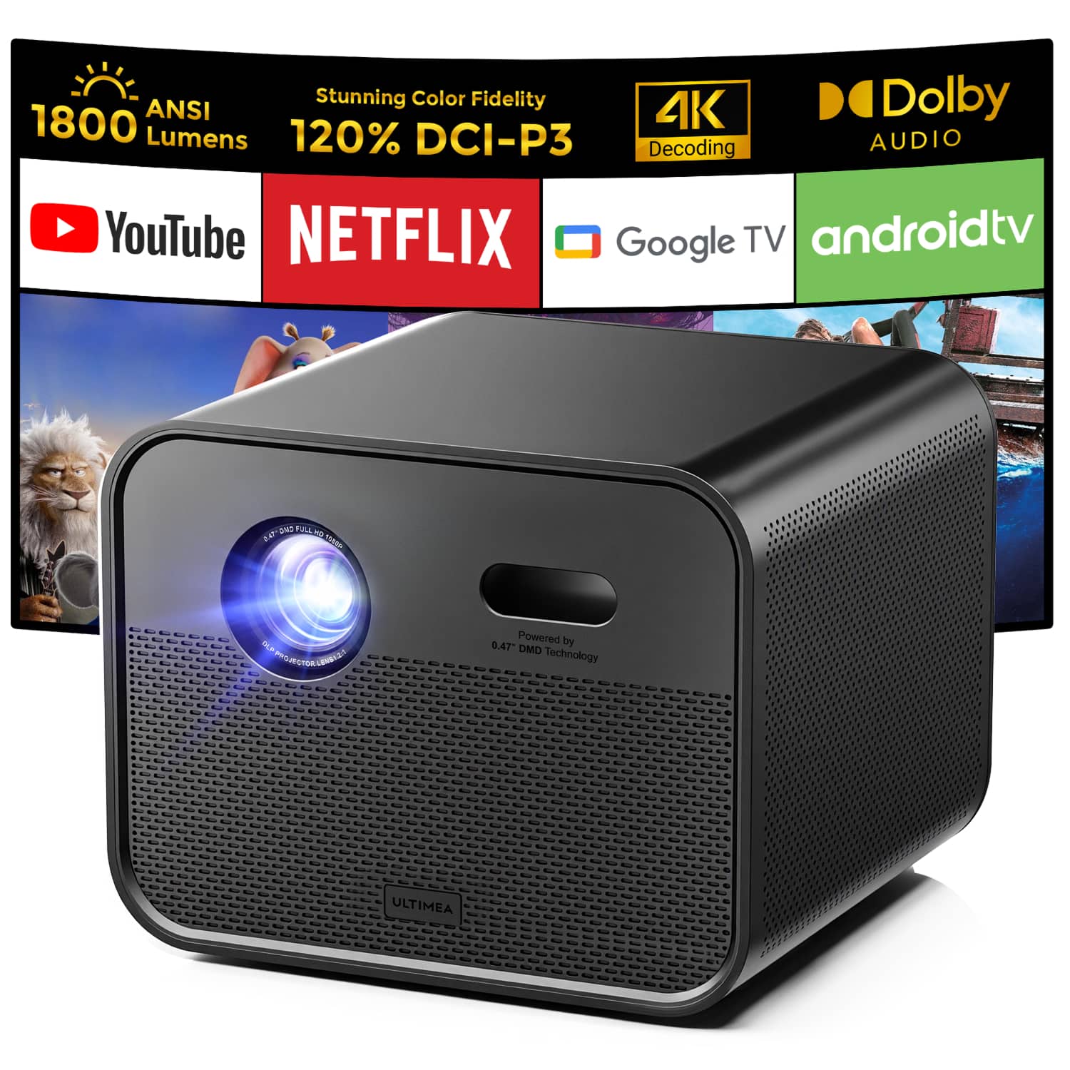 Ultimea - Poseidon E100 Projector, 1800 ANSI, Native 1080P, Built-in Apps, AI Auto Focus, 6D Keystone, WiFi & BT
