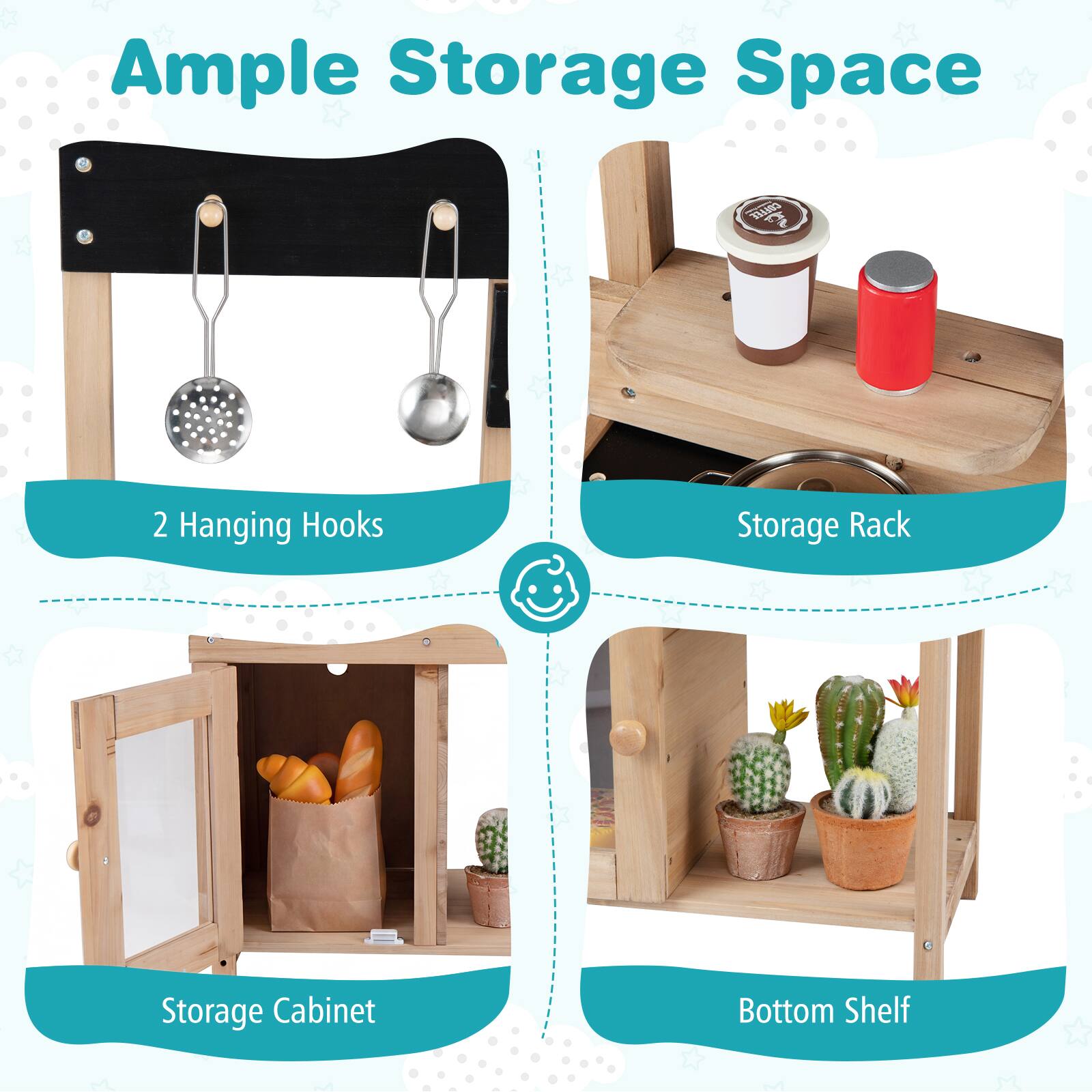 Ample Storage Space

- 2 Hanging Hooks
- Storage Rack
- Storage Cabinet
- Bottom Shelf
