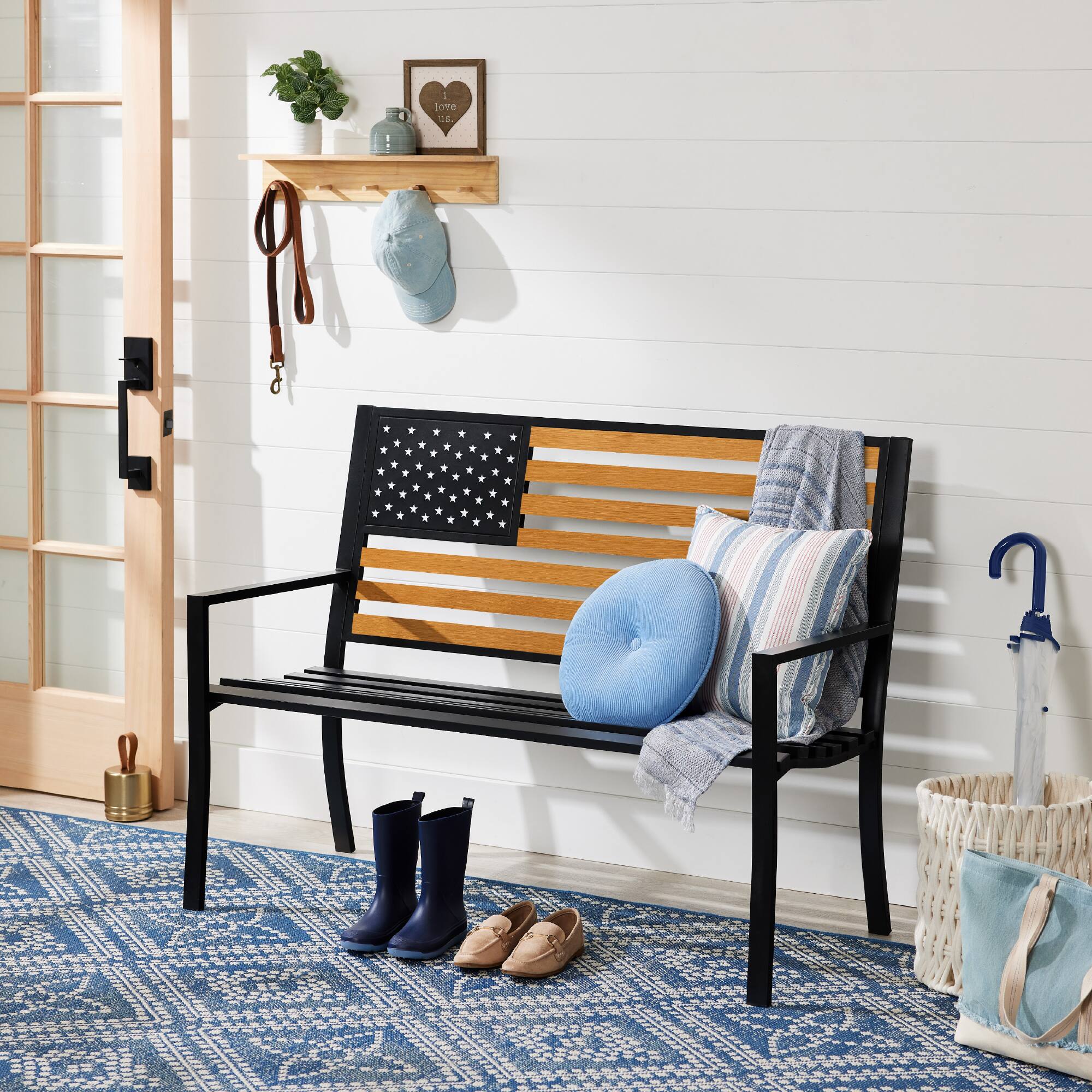 Alt View 4. Best Choice Products - Best Choice Products Indoor Outdoor Steel Garden Bench w/ American Flag Backrest, 790lb Capacity - Black/Wood - black/wood.