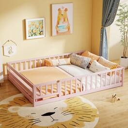 Costway - Full Size Floor Bed with Full Length Safety Guardrails & Door for Boys, Girls - Pink