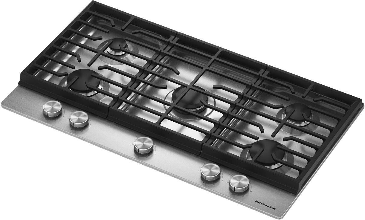 Left. KitchenAid - 36" Gas Cooktop with 5 Versatile Burners - Stainless Steel.