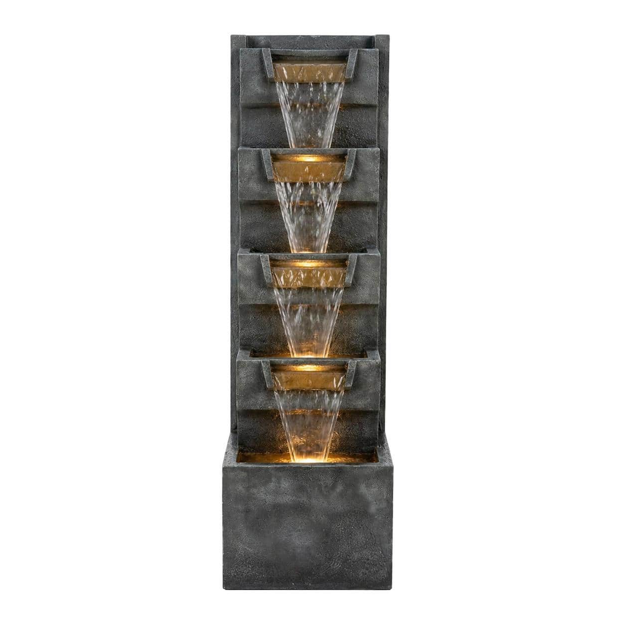 "RYHNUYNE - 39.4"" Tall 4-Tier Outdoor Cascading Water Fountain with Warm LED Lights – Stone-Look Resin Water Feature with Quiet Pump" price history on PriceWatchPro