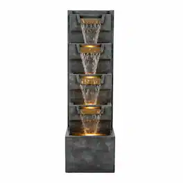 RYHNUYNE - 39.4" Tall 4-Tier Outdoor Cascading Water Fountain with Warm LED Lights – Stone-Look Resin Water Feature with Quiet Pump
