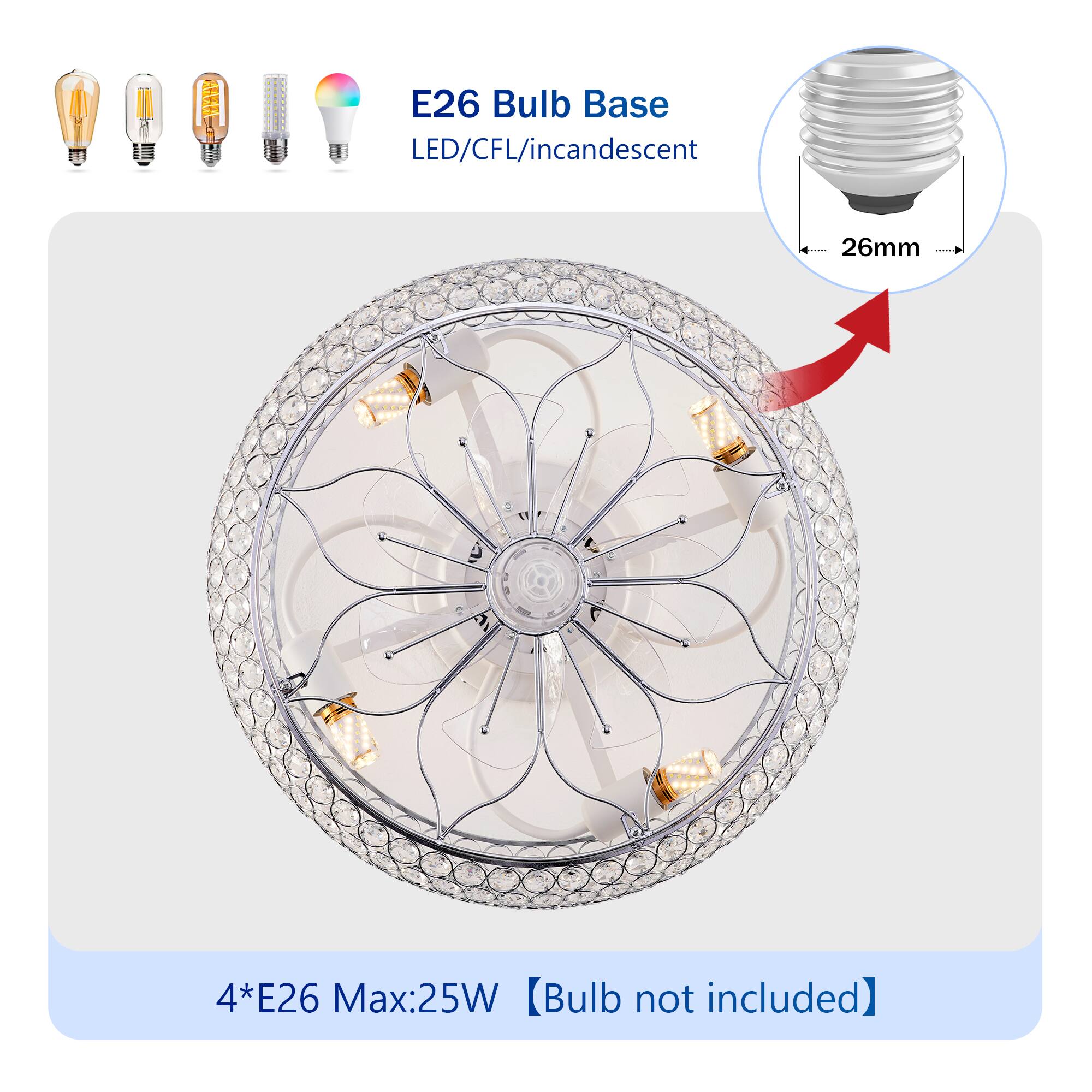 E26 Bulb Base  
LED/CFL/Incandescent  
26mm  

4*E26 Max:25W  
[Bulb not included]