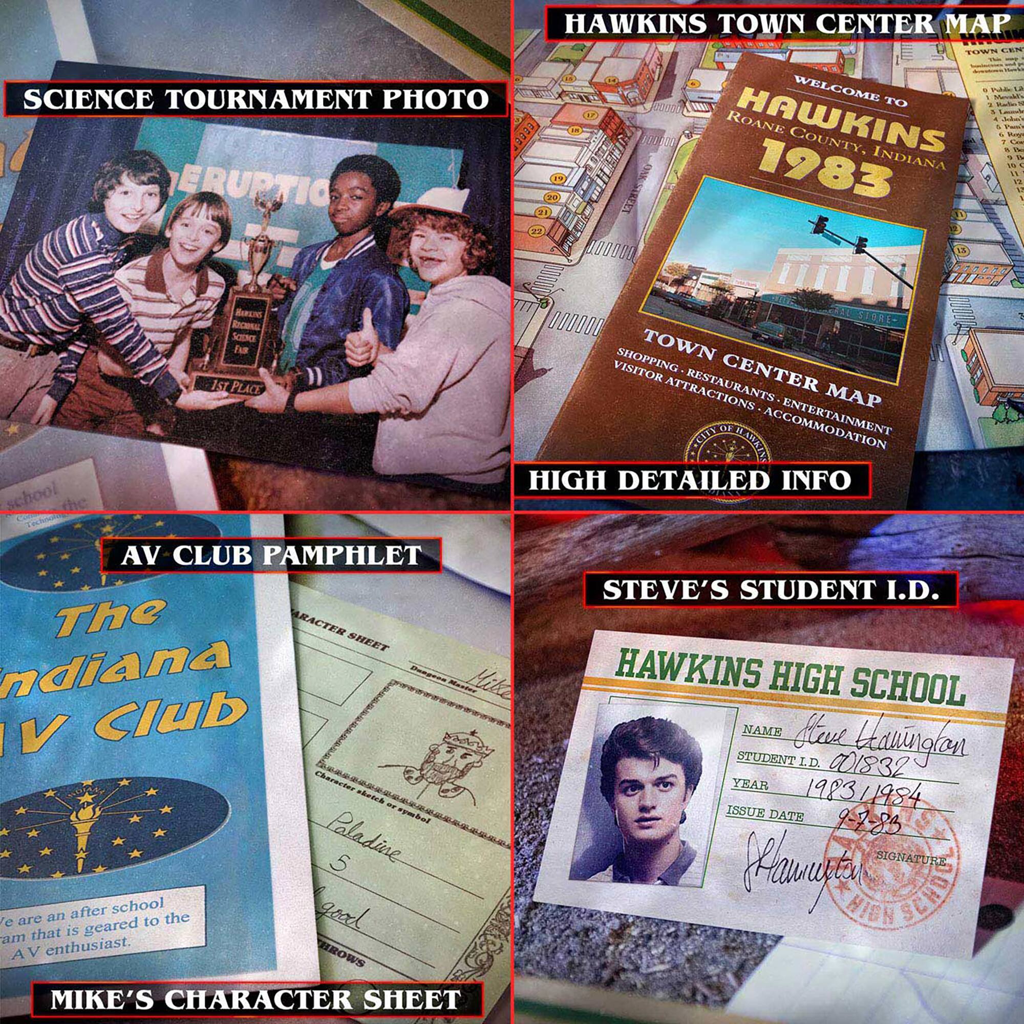 The image features a collage of various items related to Hawkins High School, including a science tournament photo, a town center map, a club pamphlet, and a character sheet. There are also several books and a student ID card in the collage. The text on the image reads "Welcome to Hawkins Town Center. 1983 Indiana Jones Raiders of the Lost Ark. 1st place fractional science tournament photo. High detailed info. A V Club pamphlet. Mike's character sheet. Steve's student I.D. Hawkins High School. Name: Steve. Date: 9-2-88. Signature: Kauten Hign School."