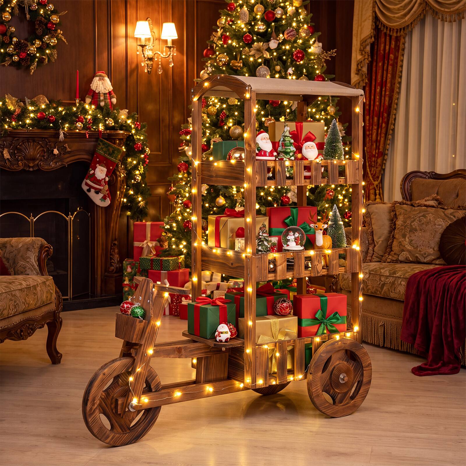 Alt View 4. Costway - Costway 3-Tier Fir Wood Wagon Planter with Fabric Canopy & 3 Wheels for Garden, Patio - Brown.