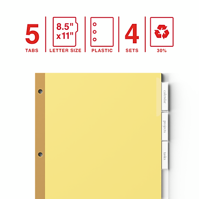 5 Tabs  
8.5" x 11" Letter Size  
Plastic  
4 Sets  
30% Recycled