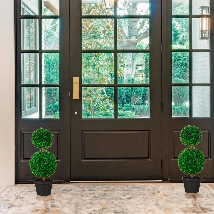 Alt View 2. PULUZ - 2 Pcs 23.6 inch Artificial Boxwood Ball Topiary Tree Set of 2 Fake Plants in Pot with Double Ball-Shaped Leaves - Green.