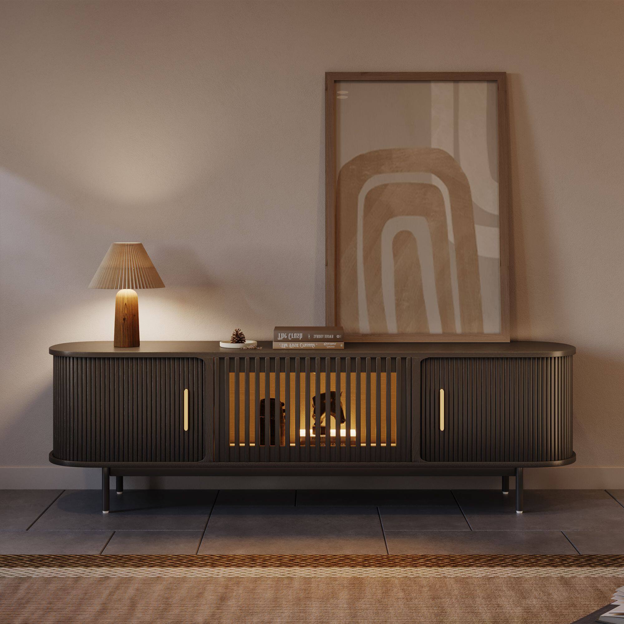 Angle. POVISON - 71"Mid-Century Modern Tambour Door TV Stand,Black with LED Lights - Black with LED Lights.