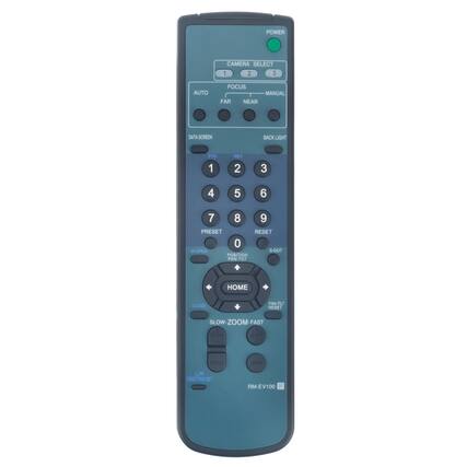 POWER CAMERA SELECT 1 2 3 AUTO FOCUS MANUAL FAR NEAR CATA SCREEN BACK LIGHT STD 1 2 3 4 5 6 7 8 9 PRESET RESET 0 M-OPEN S-OUT POSITION PAN-TILT HOME CLOSE PAN- ANG-TILT RESET SLOW SLOW-ZOOM-FAST ZOOM FAST LJ DIRECTION SET RM-EV100 R