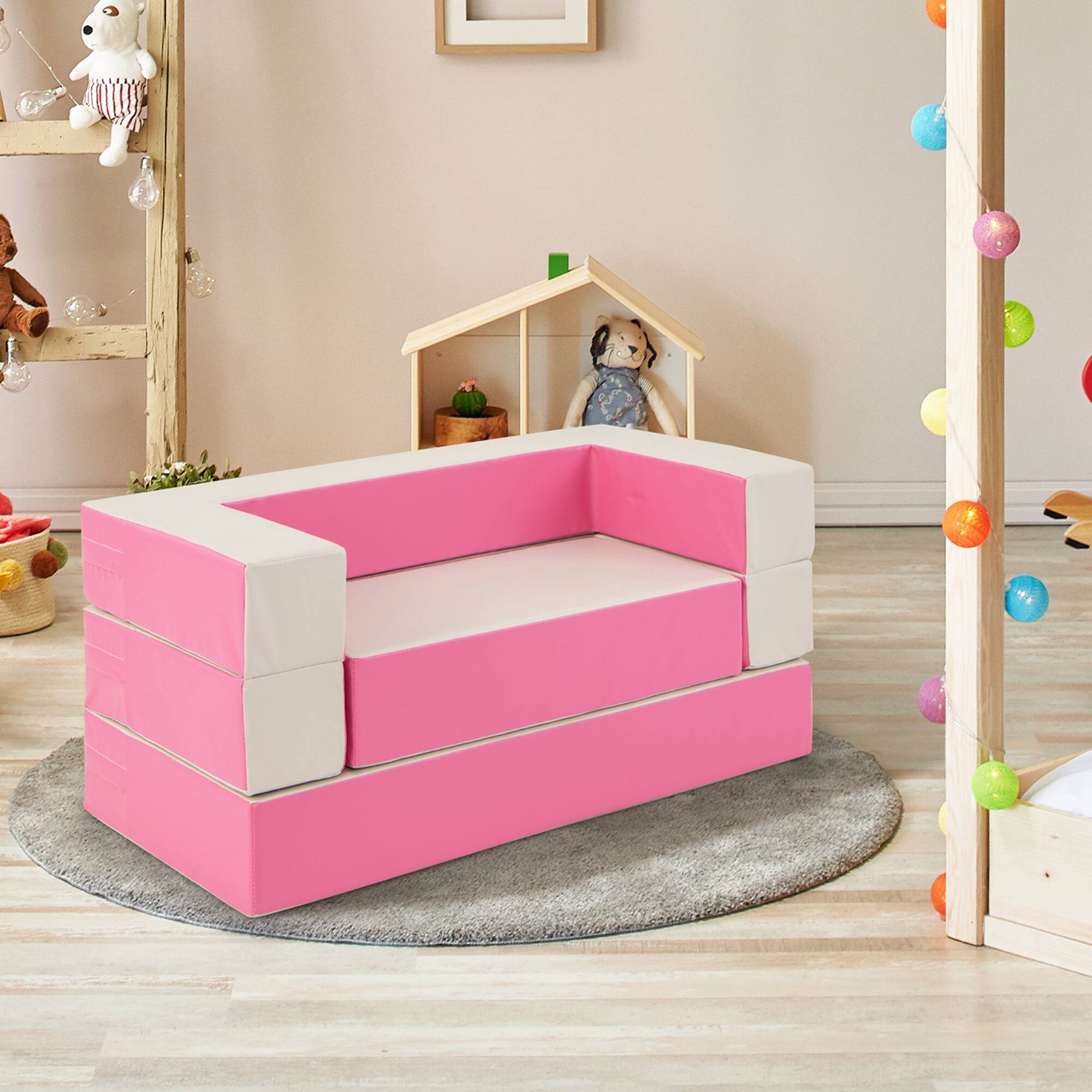 Alt View 1. Costway - Costway Children Modular 6-Piece Combination Sofa Set with PU Leather Cover for Playroom - Pink.