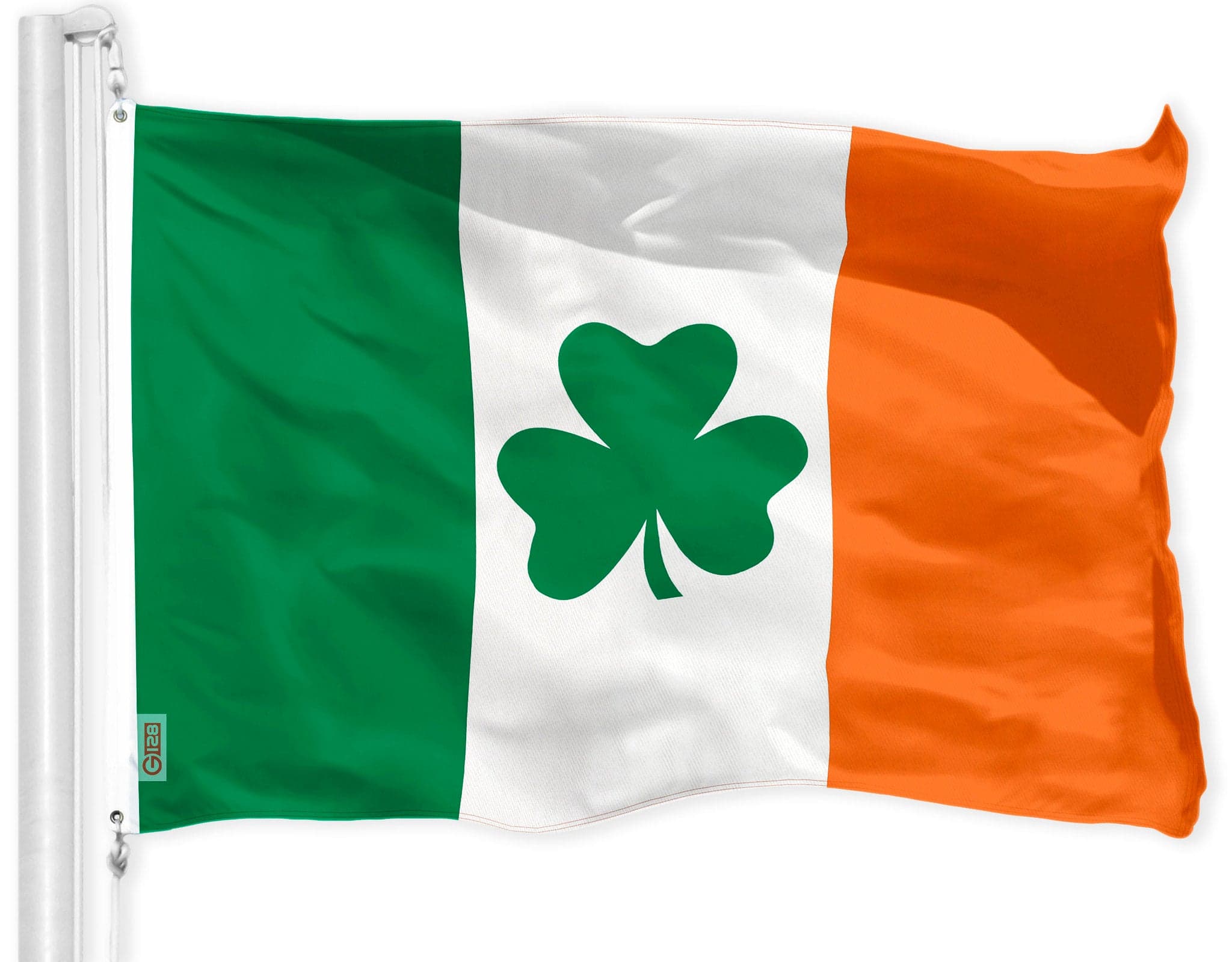 Front. G128 - Ireland Shamrock Flag 2x3 ft, 150D Heavy-Duty Polyester with Brass Grommets - Assorted Colors.