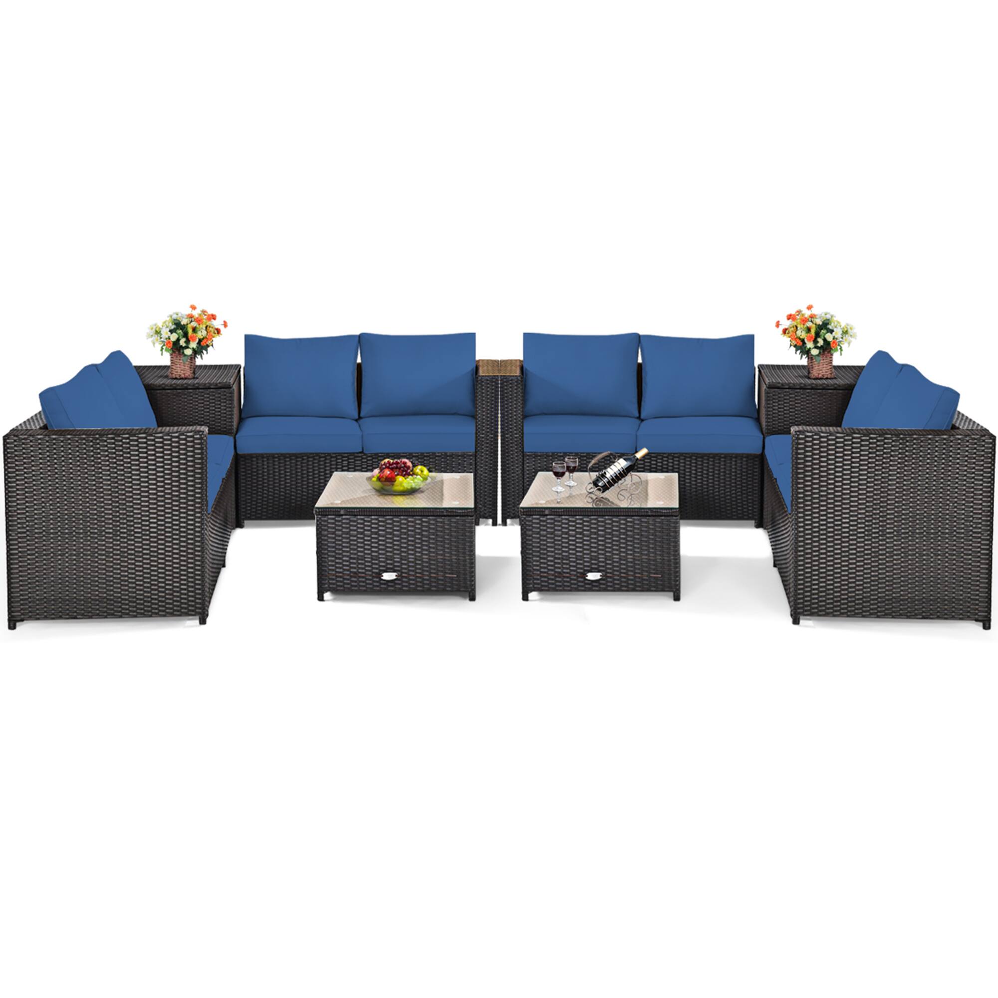 Alt View 1. Gymax - Gymax 8PCS Cushioned Rattan Patio Conversation Set w/ Side Table Navy Cushion - Brown.