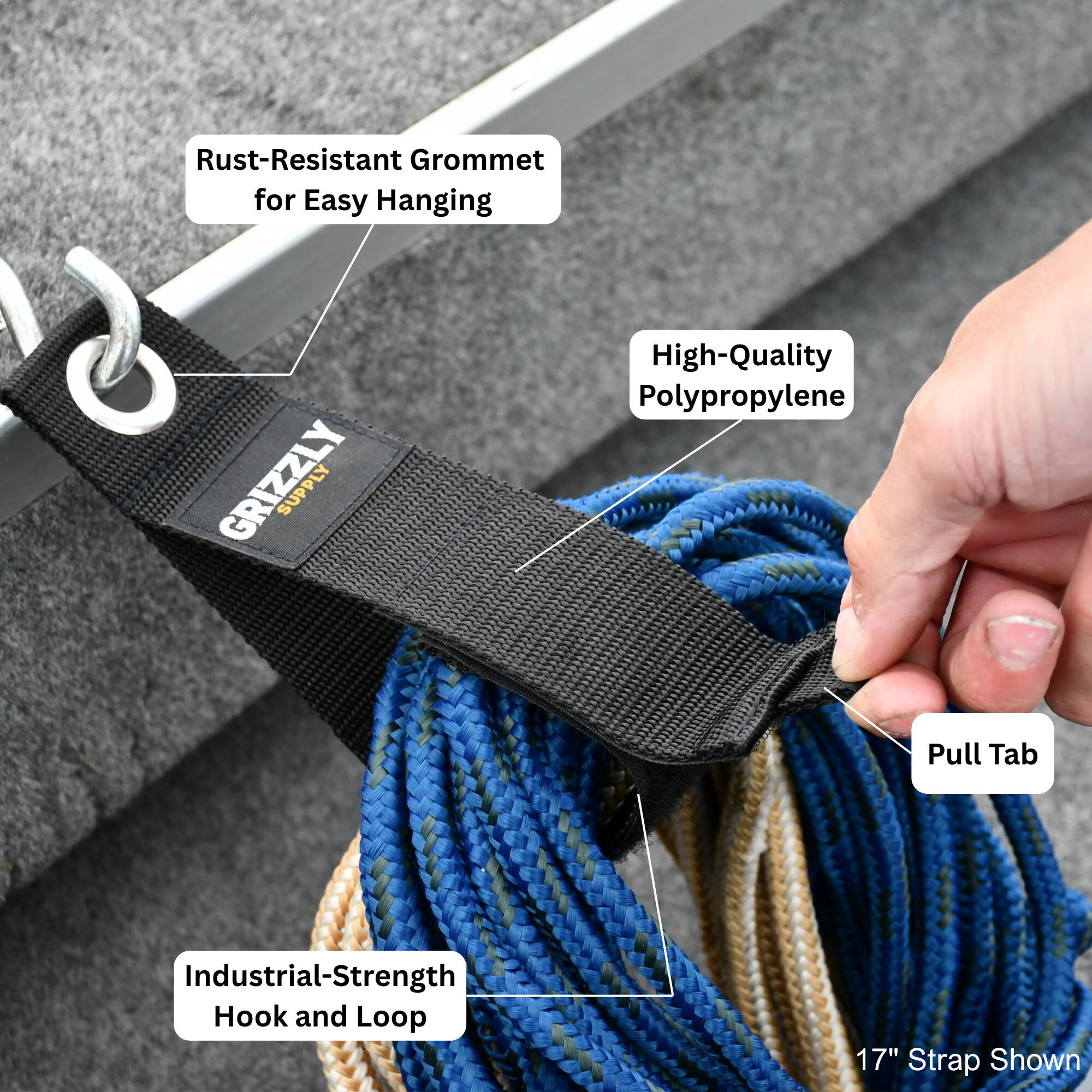 Rust-Resistant Grommet for Easy Hanging  
GRIZZLY SUPPLY High-Quality Polypropylene Pull Tab Industrial-Strength Hook and Loop 17" Strap Shown