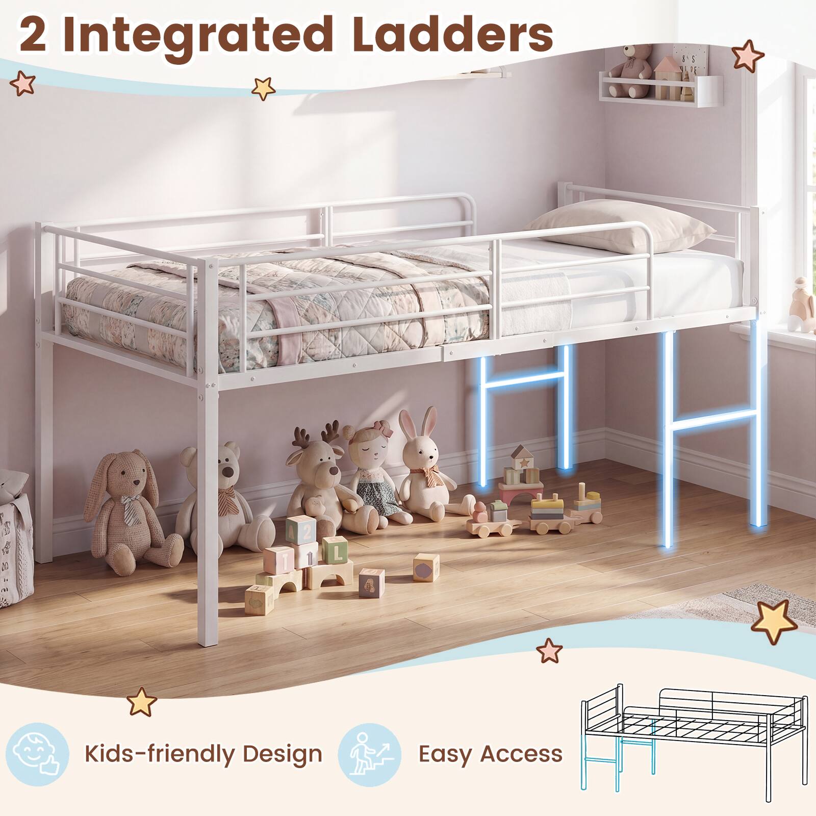 2 Integrated Ladders  
Kids-friendly Design  
Easy Access
