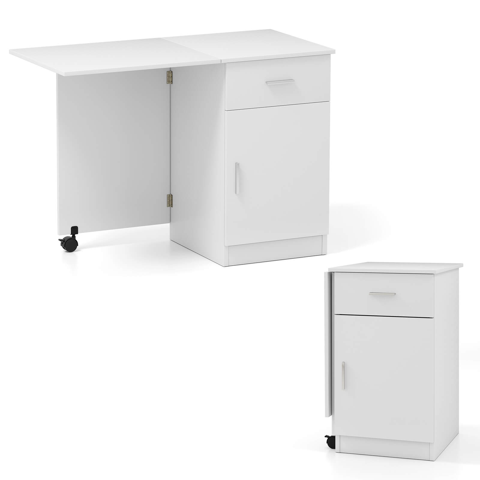 Angle. Costway - Costway Folding Computer Desk with Drawer Cabinet & Adjustable Shelf Wheel for Living Room, White - White.