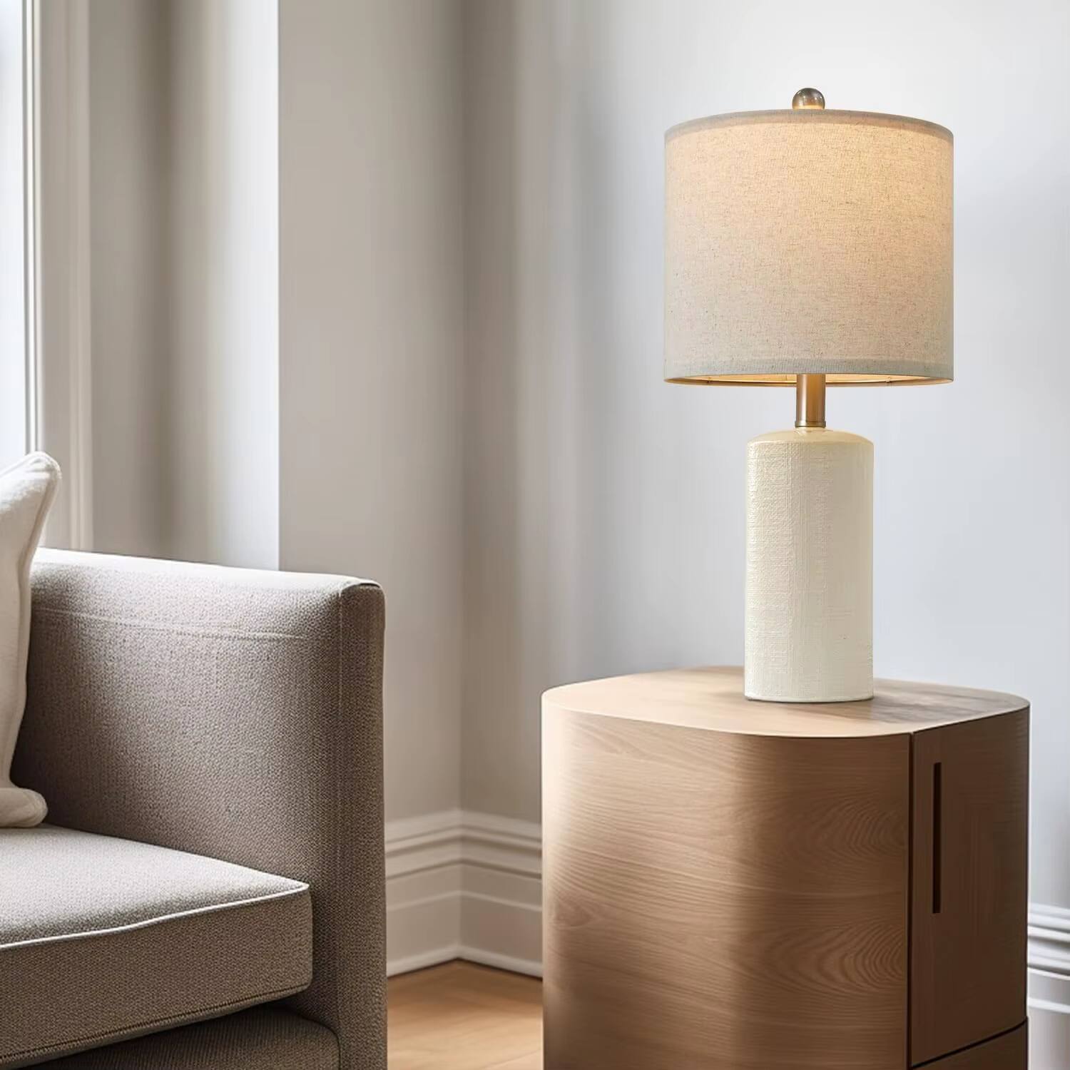 Angle. Luckbyte - 20.25 Inch Modern White Ceramic Table Lamp for Farmhouse Bedside Nightstand and Living Room Decor.