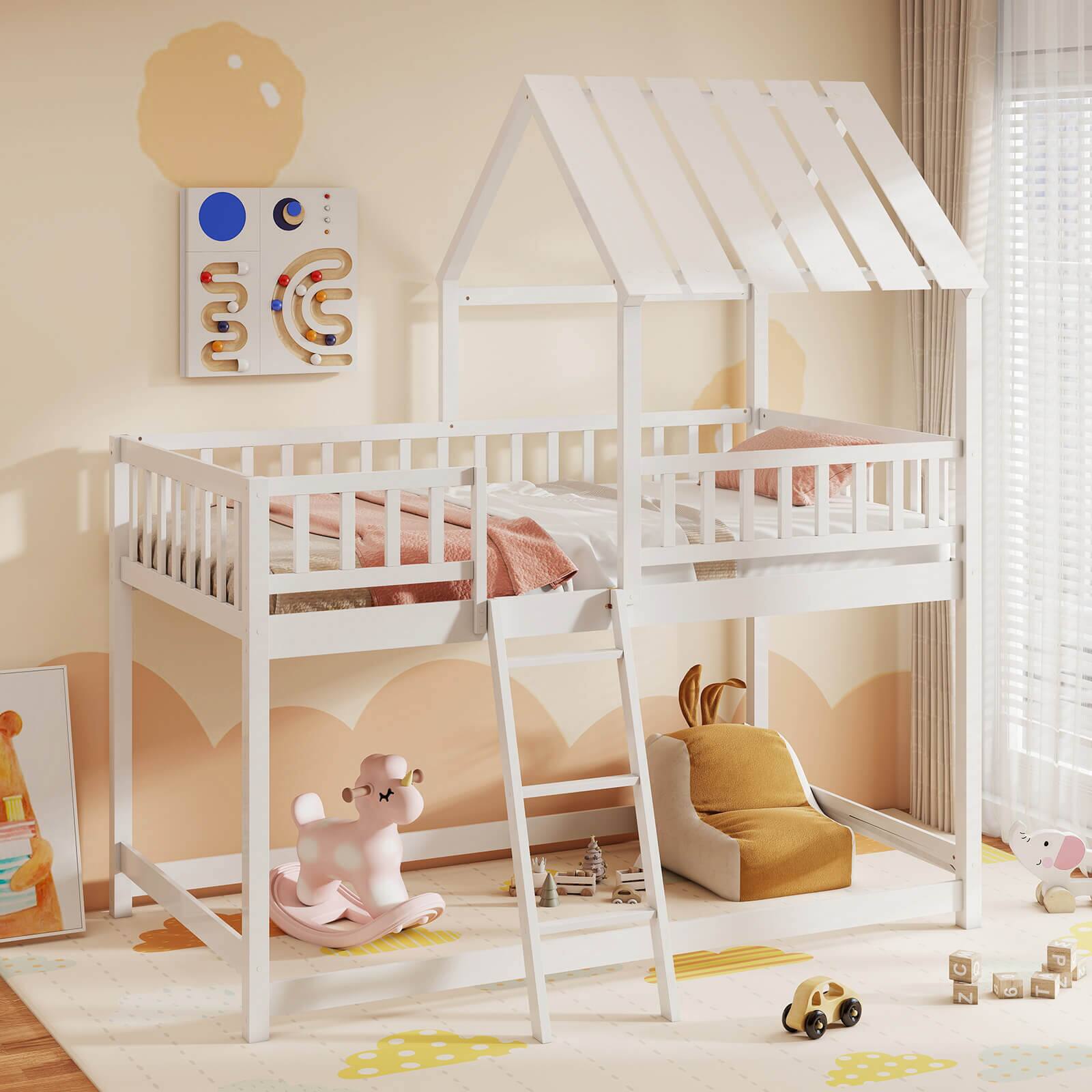 Alt View 4. Costway - Costway Twin Over Twin House Bunk Bed with Roof, Ladder & Full-length Guardrails for Kids - White.