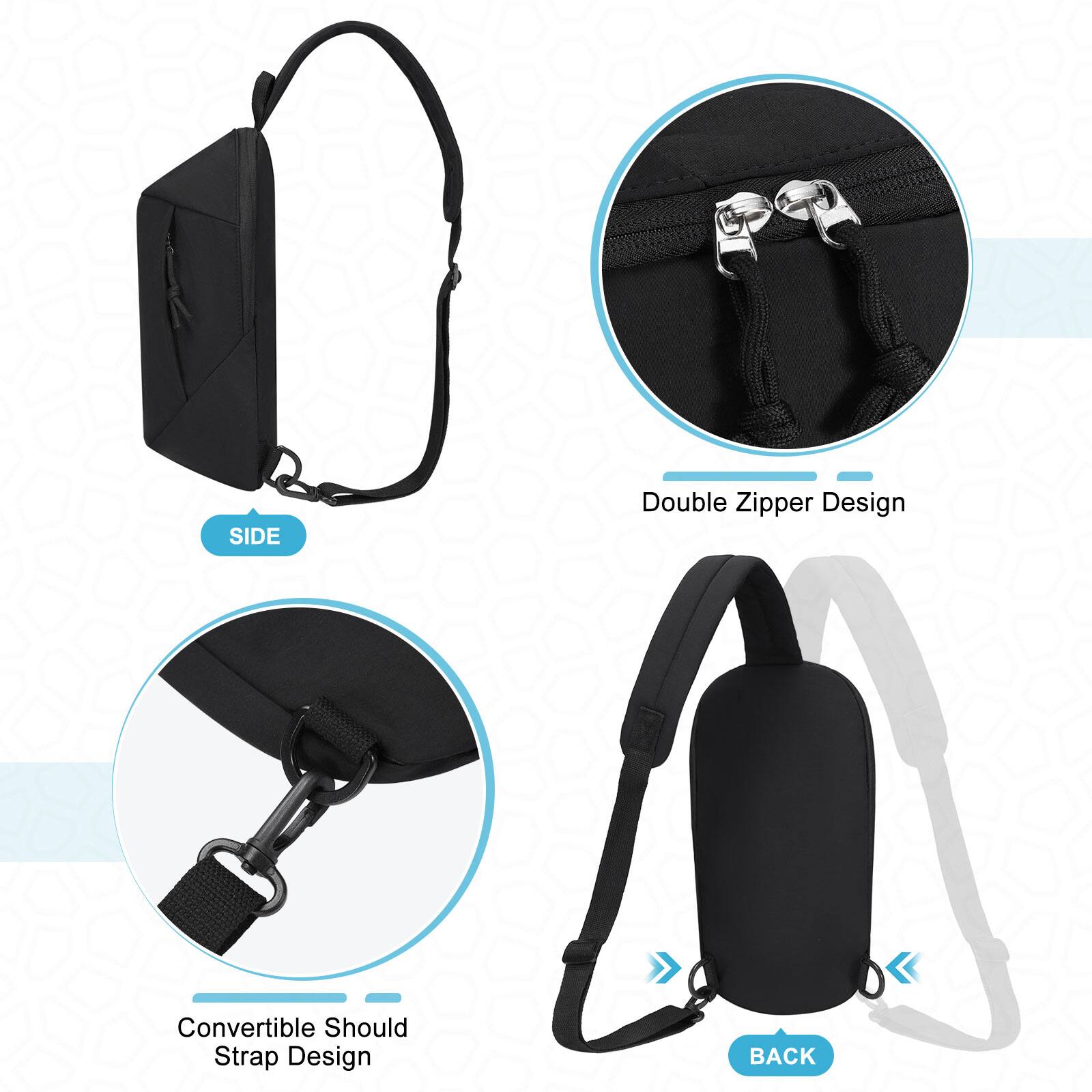 SIDE  
Double Zipper Design  
Convertible Shoulder Strap Design  
BACK