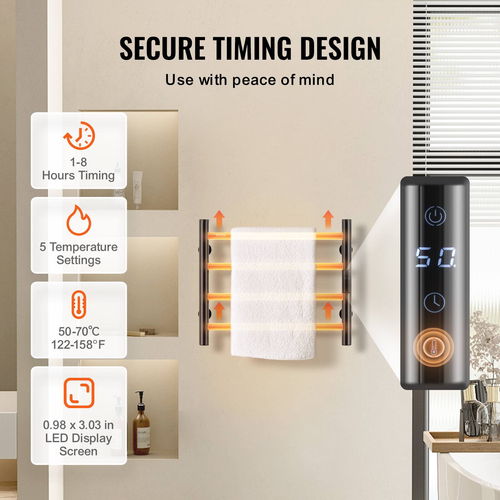 SECURE TIMING DESIGN  
Use with peace of mind  

1-8 Hours Timing  
5 Temperature Settings  
50-70°C / 122-158°F  
0.98 x 3.03 in LED Display Screen