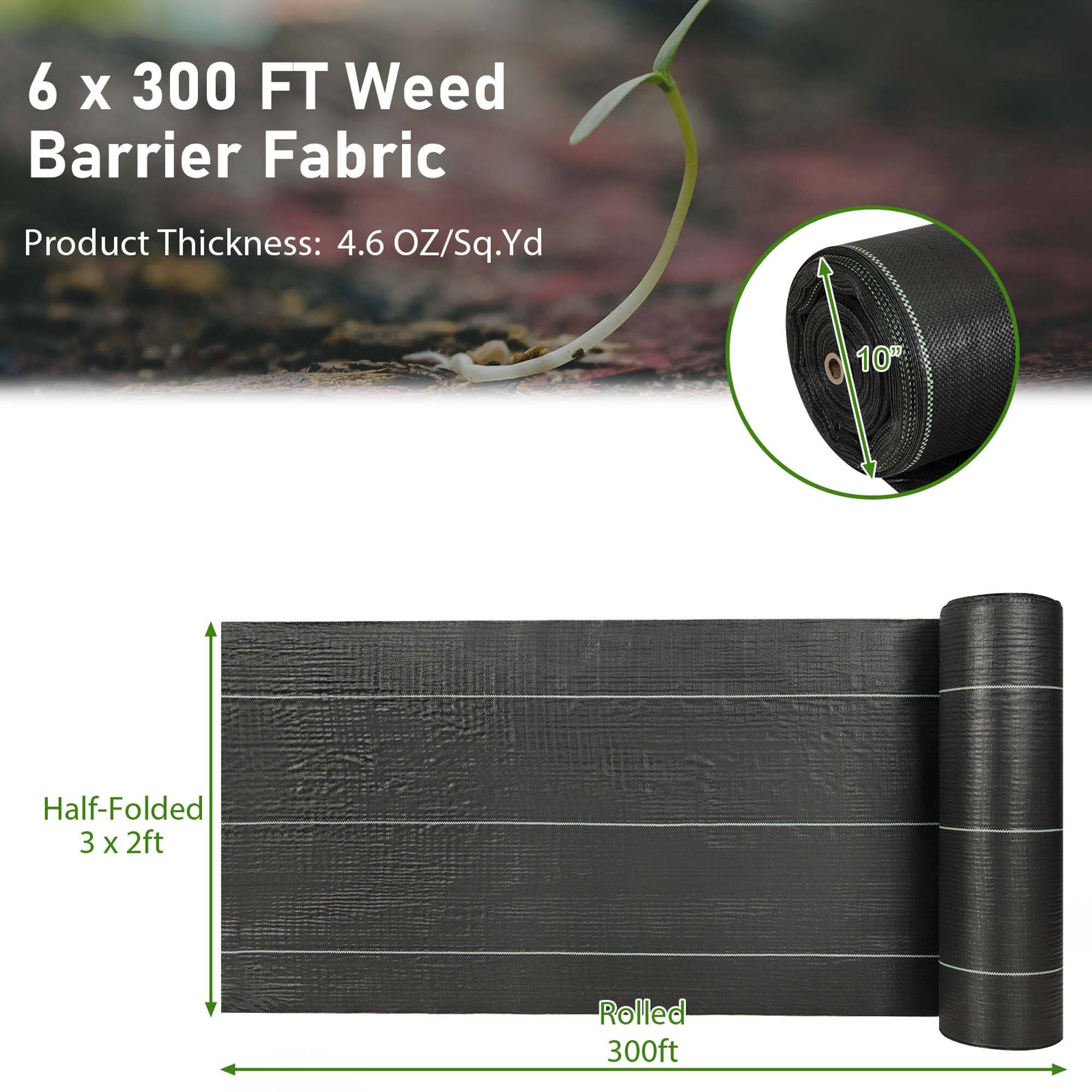 6 X 300 FT WEED BARRIER FABRIC PRODUCT THICKNESS: 4.6 OZ/SQ.YD. 10 HALF-FOLDED 3 X 2FT ROLLS 300FT.