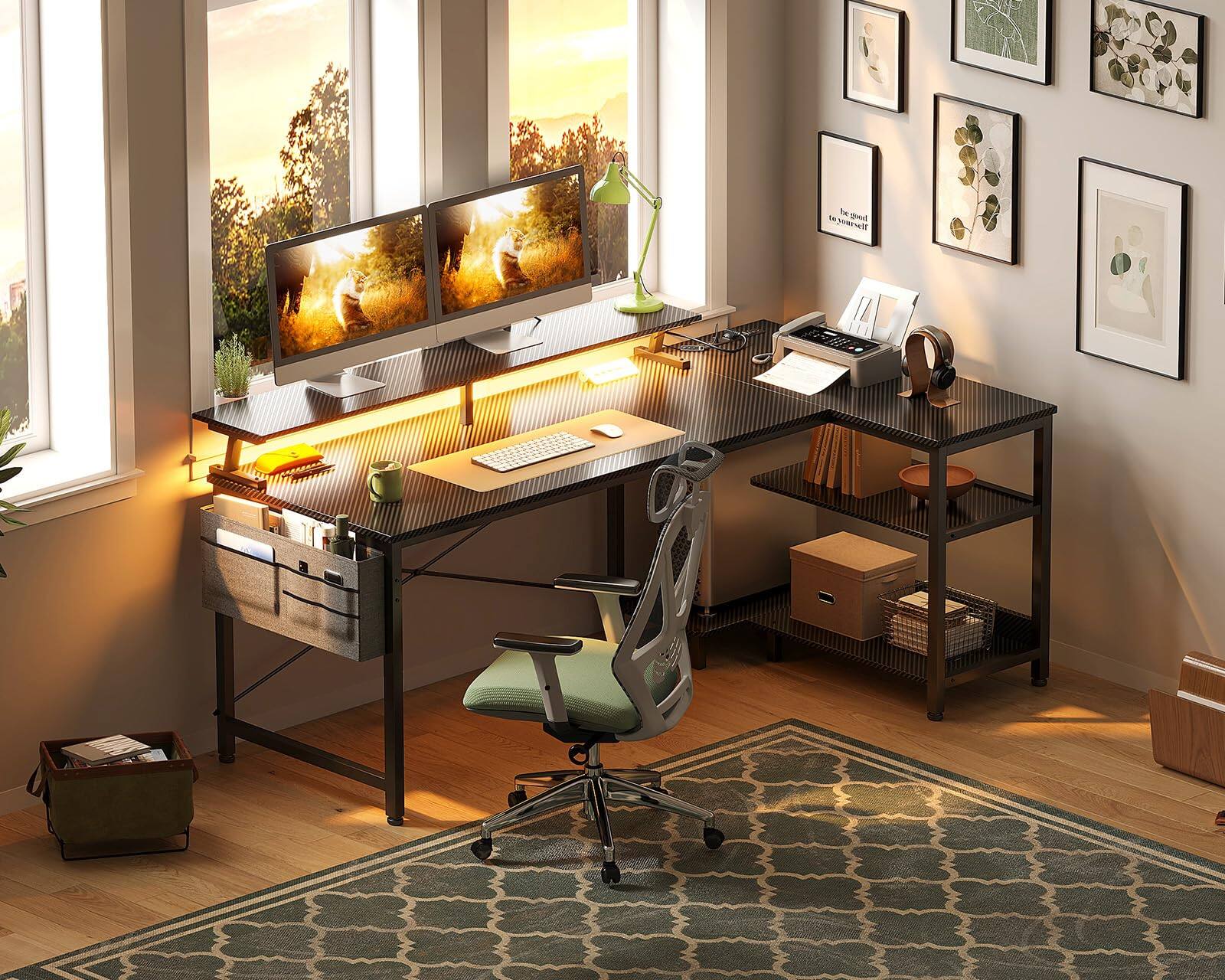 Alt View 6. Fabibe - 58 Inch Gaming Desk With Usb Charging Ports And Led Lights Reversible L Shaped Computer Storage Shelves & Monitor Office - Carbon Fiber Surface, Black 58 Inch.