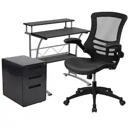 Emma + Oliver - Work From Home Kit-Computer Desk, Mesh/LeatherSoft Office Chair, File Cabinet - Black