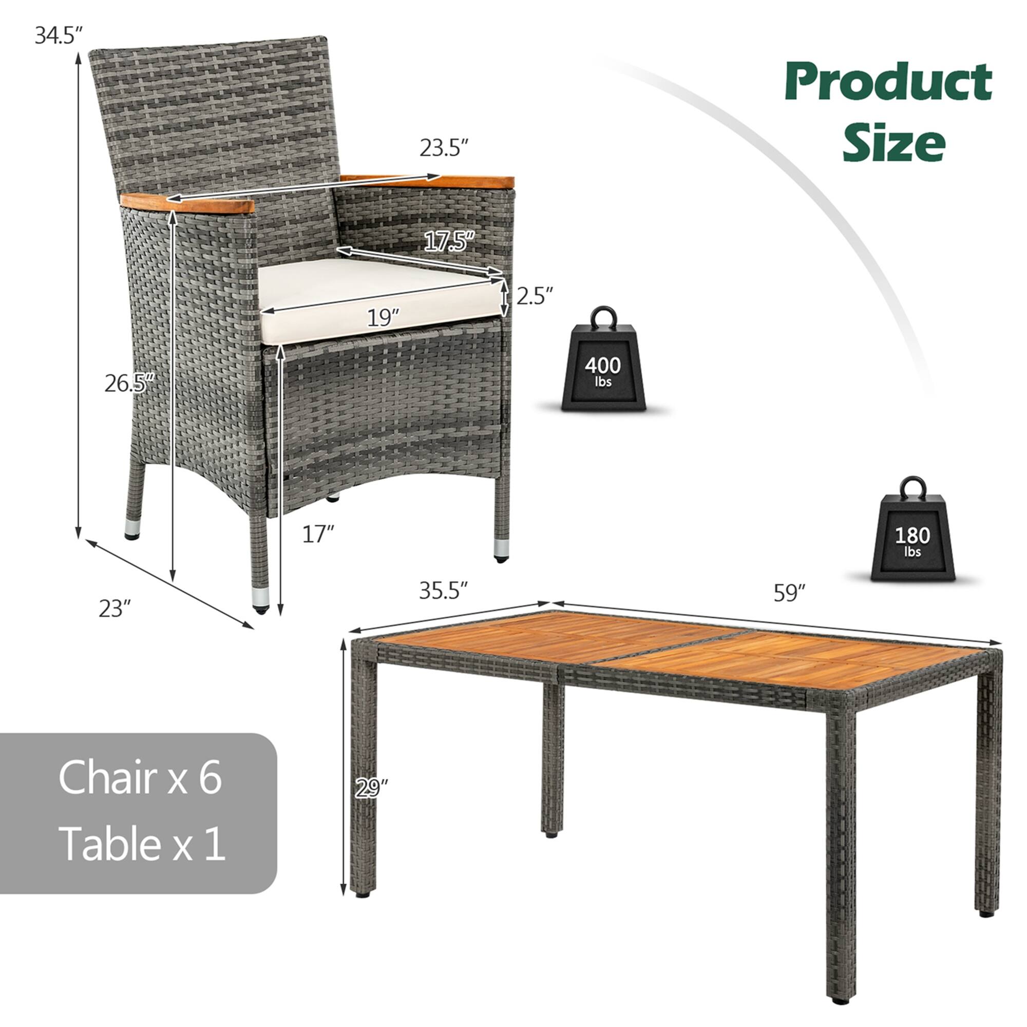Product Size: 34.5" x 23.5"

Chair X 6: 29"

Table X 1: 17.5" x 19"

Product Size: 2.5"

Product Size: 26.5"

Product Size: 400 lbs

Product Size: 17"

Product Size: 180 lbs

Product Size: 23"

Product Size: 35.5"

Product Size: 59"