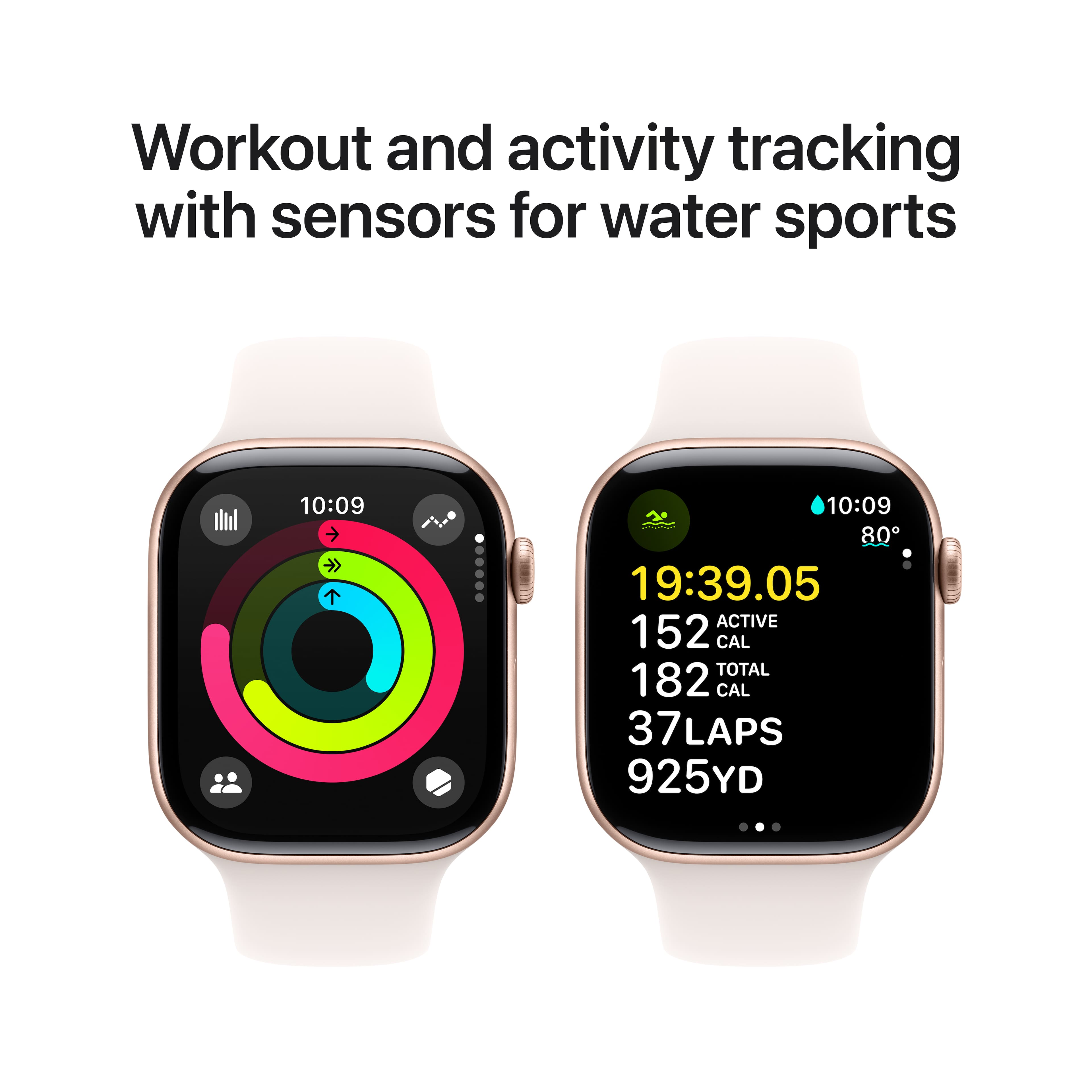 Workout and activity tracking with sensors for water sports. 10:09 10:09 80 19:39.05 ACTIVE 152 CAL TOTAL 182 CAL 37 7LAPS 925YD.