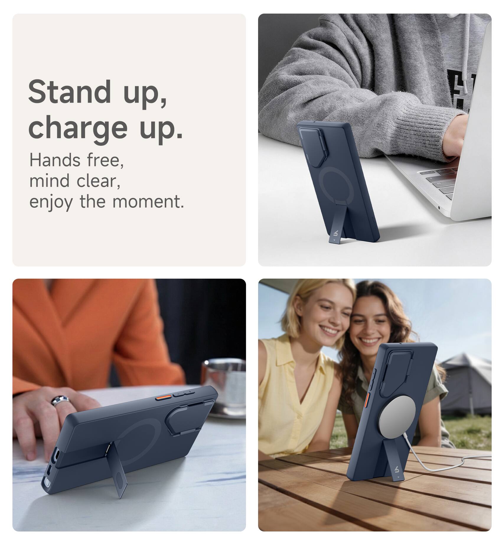 Stand up, charge up.  
Hands free, mind clear, enjoy the moment.